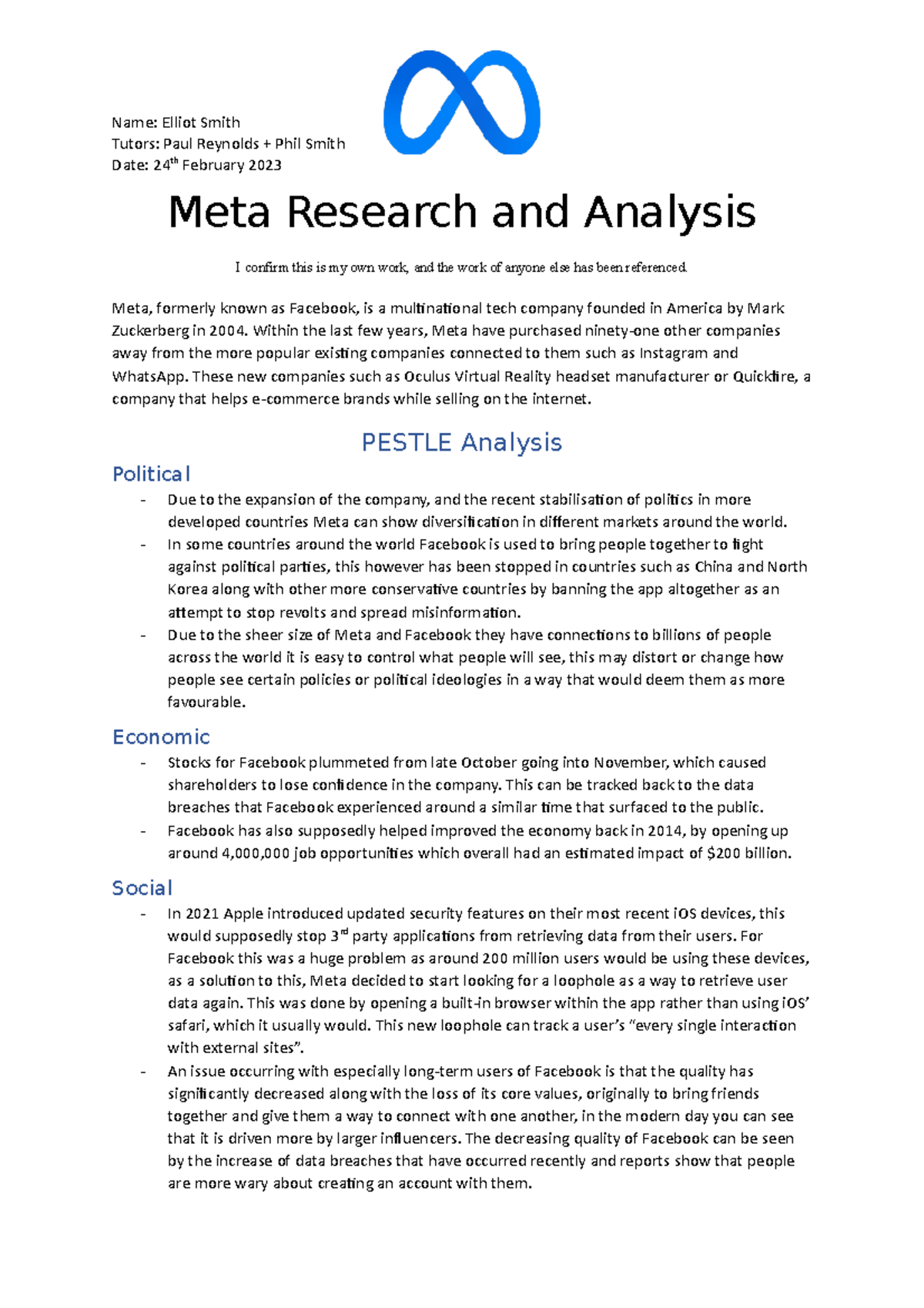 Level 3 Business studies Unit 1 Meta Research and Analysis (SWOT ...