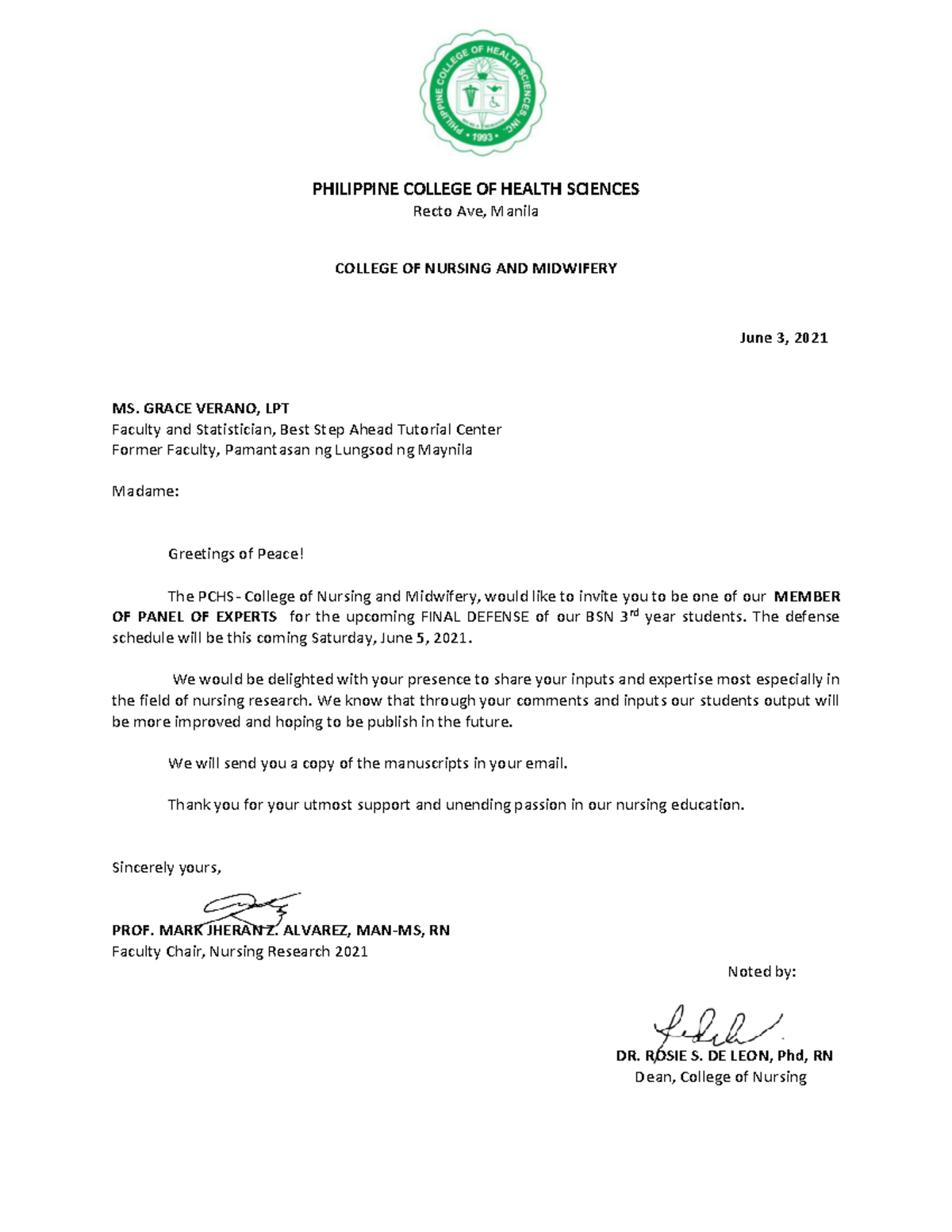 Ms. Verano Invitation - PHILIPPINE COLLEGE OF HEALTH SCIENCES Recto Ave ...