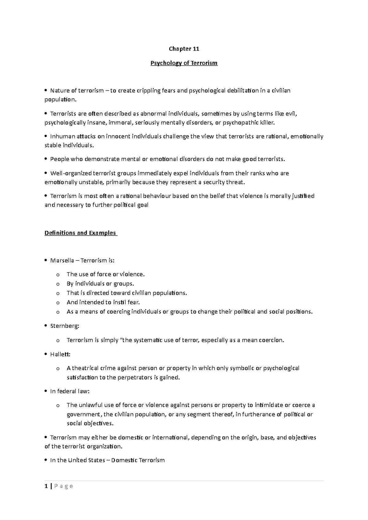 Chapter 11 - Chapter 11 Psychology of Terrorism Nature of terrorism to ...