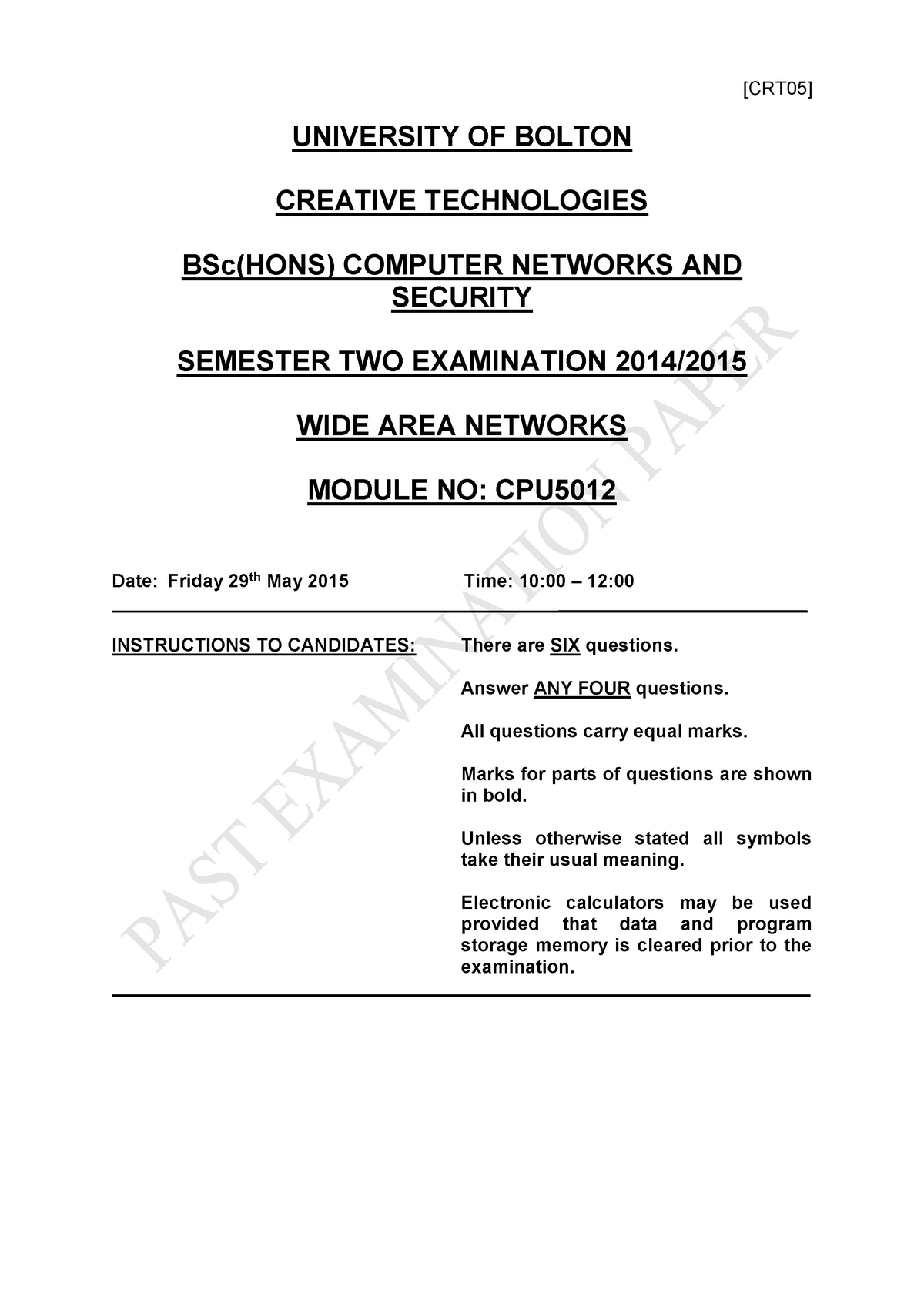 Exam 29 May 2015, Questions - UNIVERSITY OF BOLTON CREATIVE ...