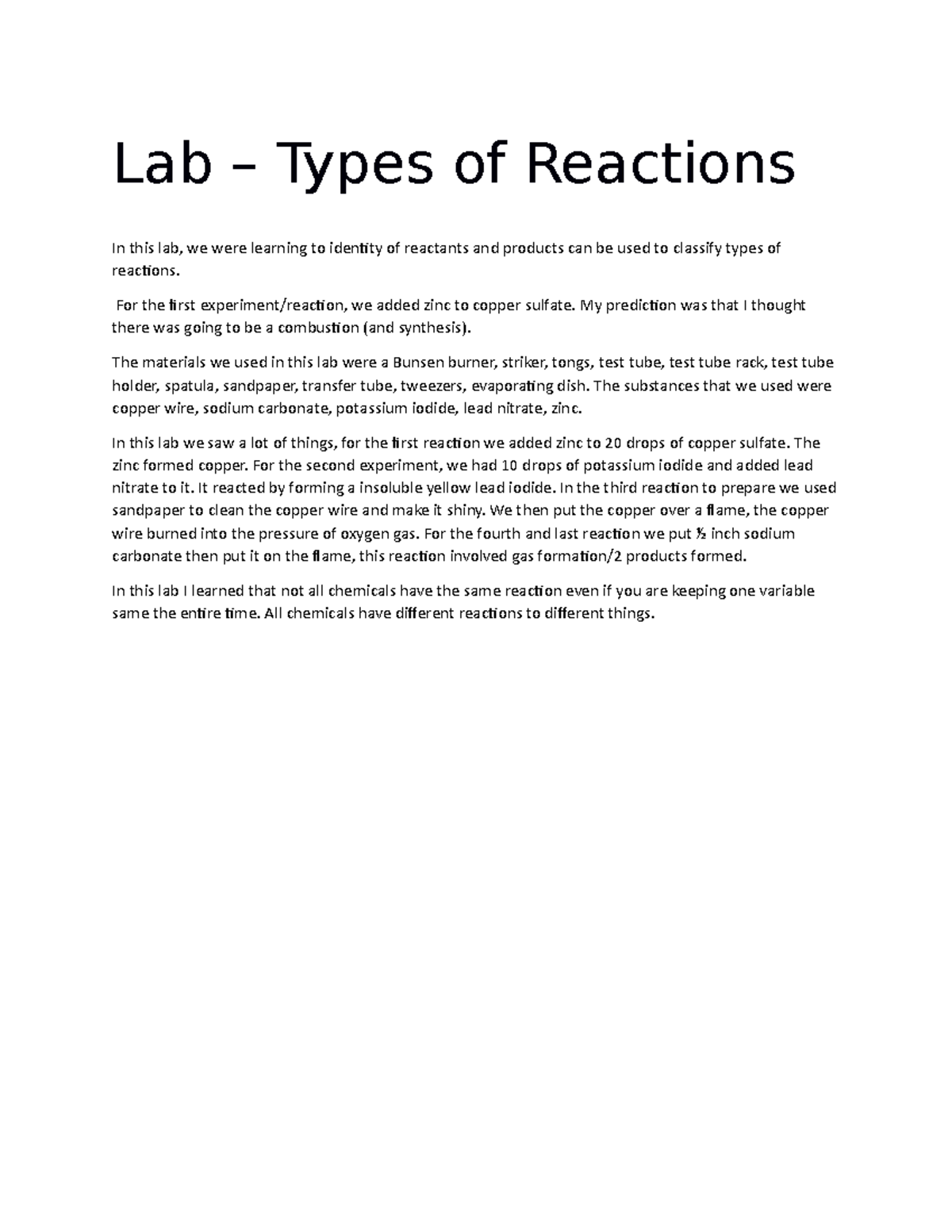 Wet wet lab lab it a wet lab Lab Types of Reactions In this lab