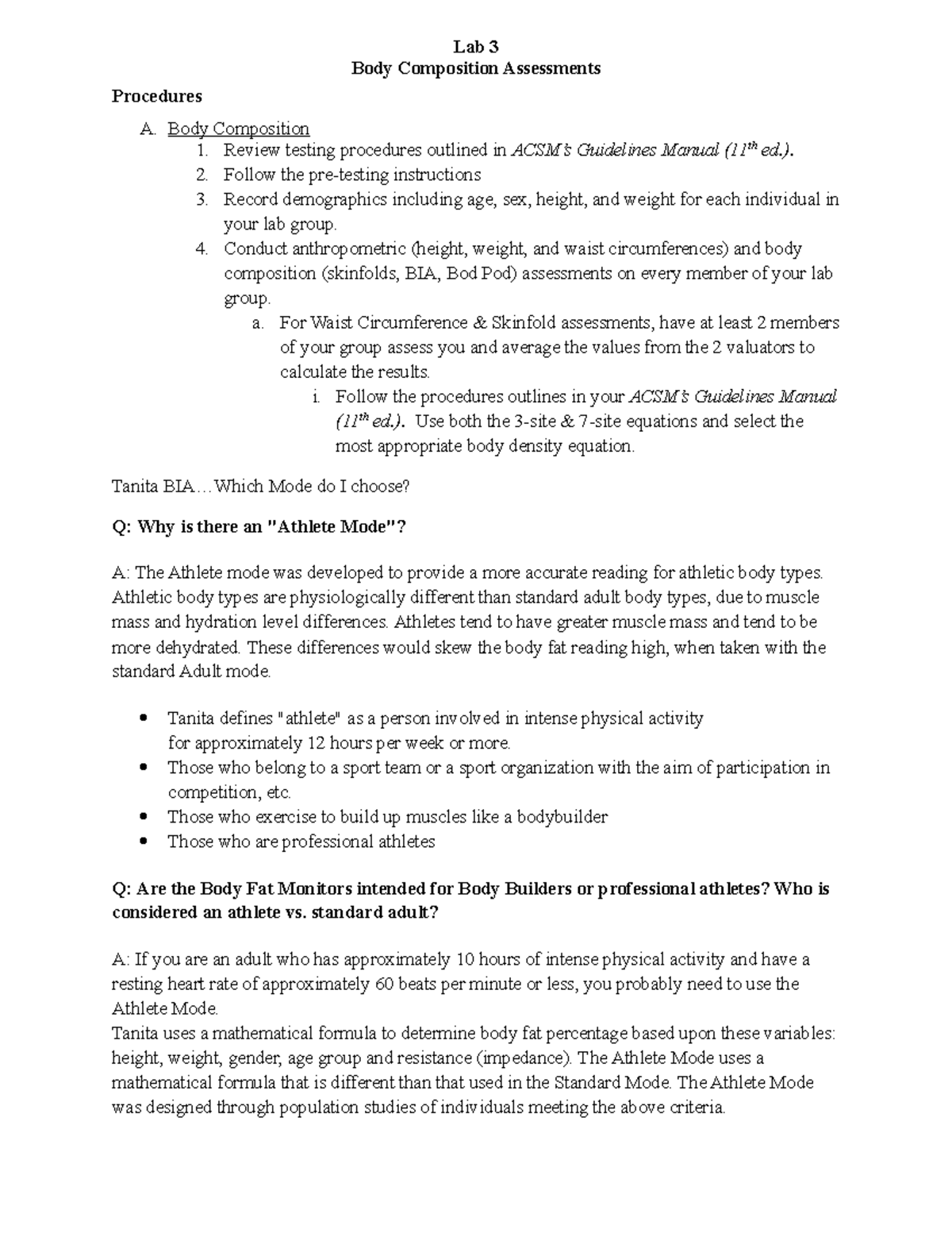 Lab 3 - Body Composition - Lab 3 Body Composition Assessments ...