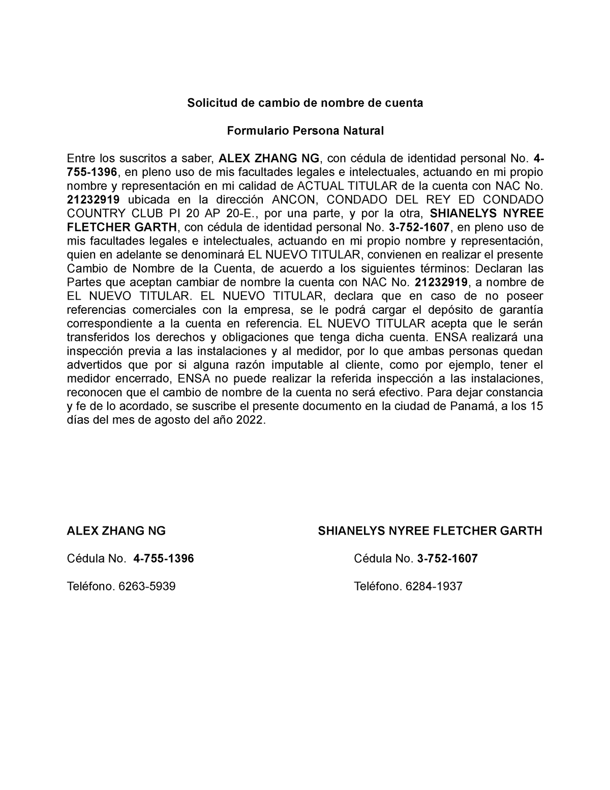 Formato Carta De Traspaso De Luz Ensa Solicitud De Cambio De Nombre De Cuenta Formulario 6434