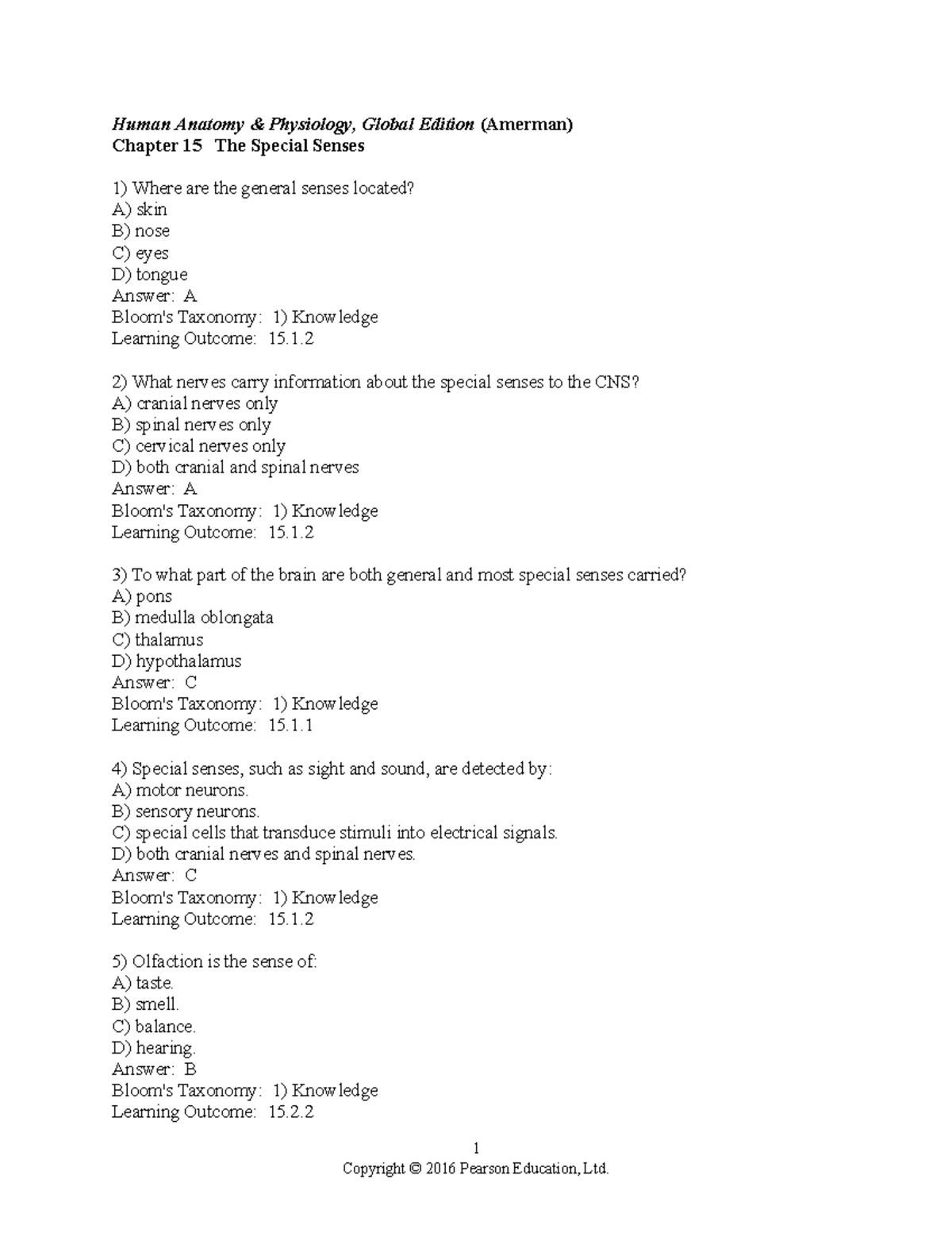 Chapter 15 test bank Amerman textbook - Human Anatomy & Physiology ...