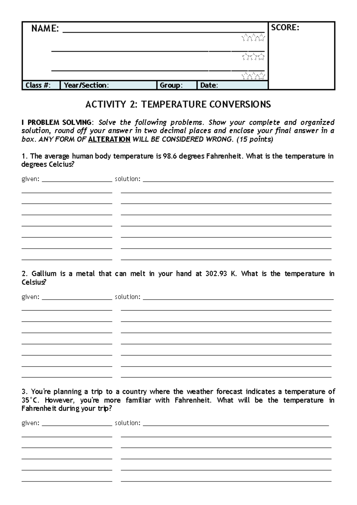 Rinhs science 8 1st activity 2 temperature conversion - NAME