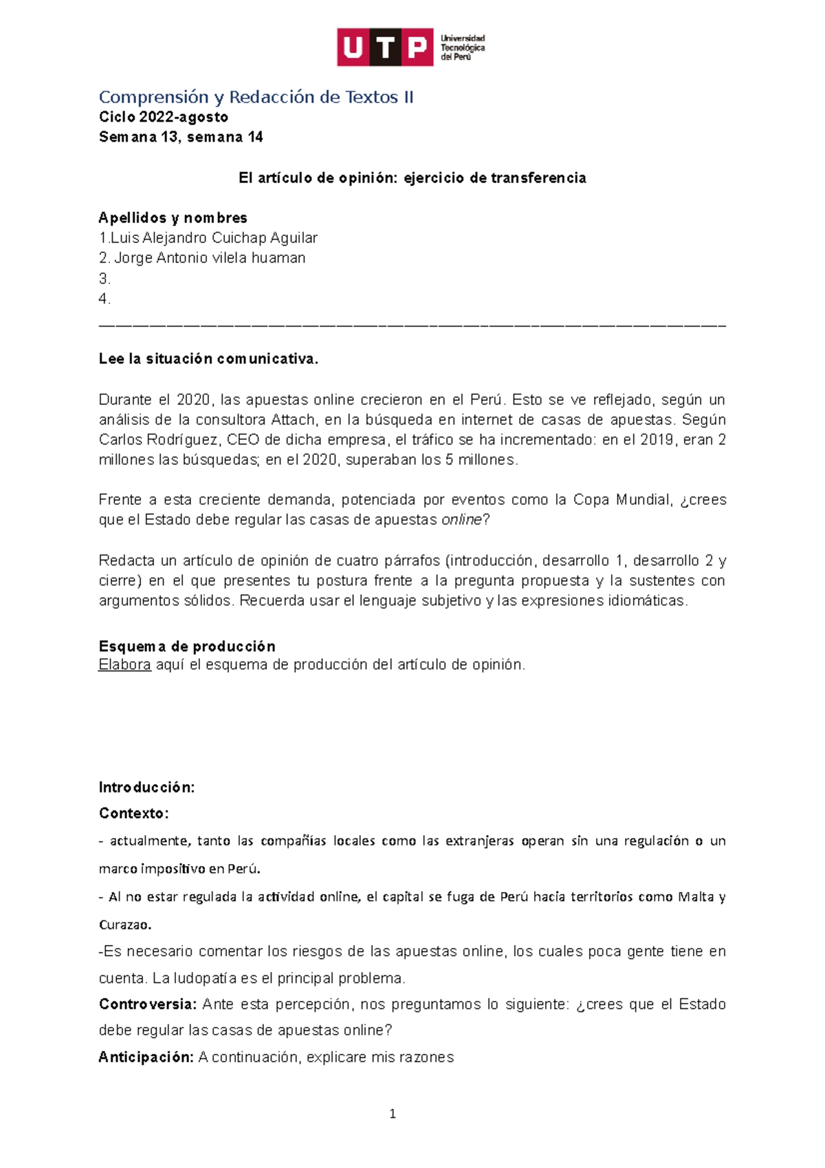 S13 Y S14 - El Artículo De Opinión Ejercicio De Transferencia Formato-1 ...