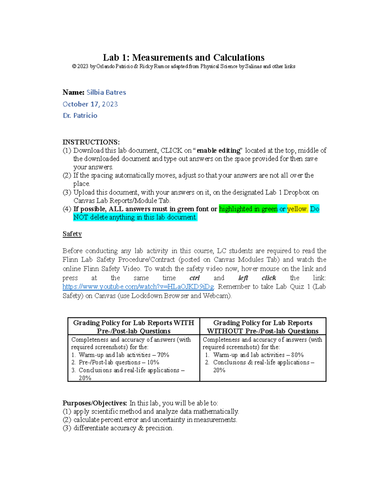 Lab 1 Measurements & Calculations Qmphys 1115 Rev8.20.2023 - Lab 1 ...