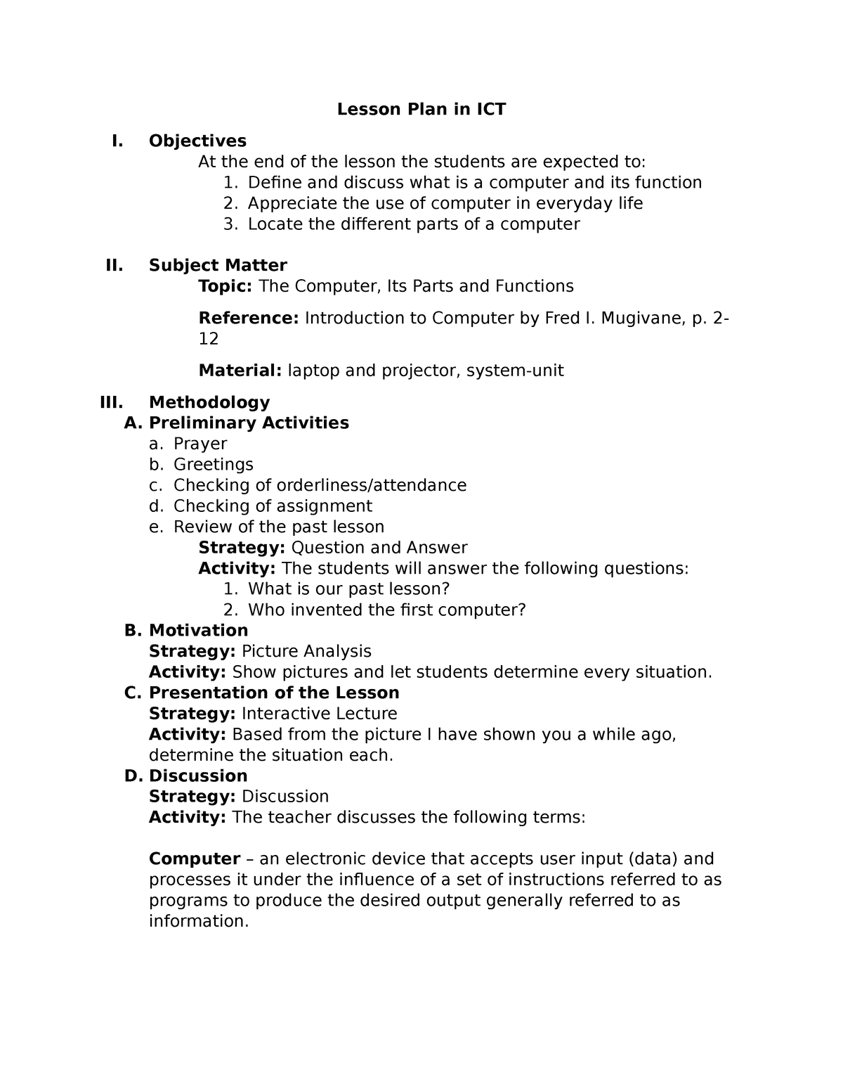 Lesson Plan in ICT (JIM) - understanding the self - Studocu