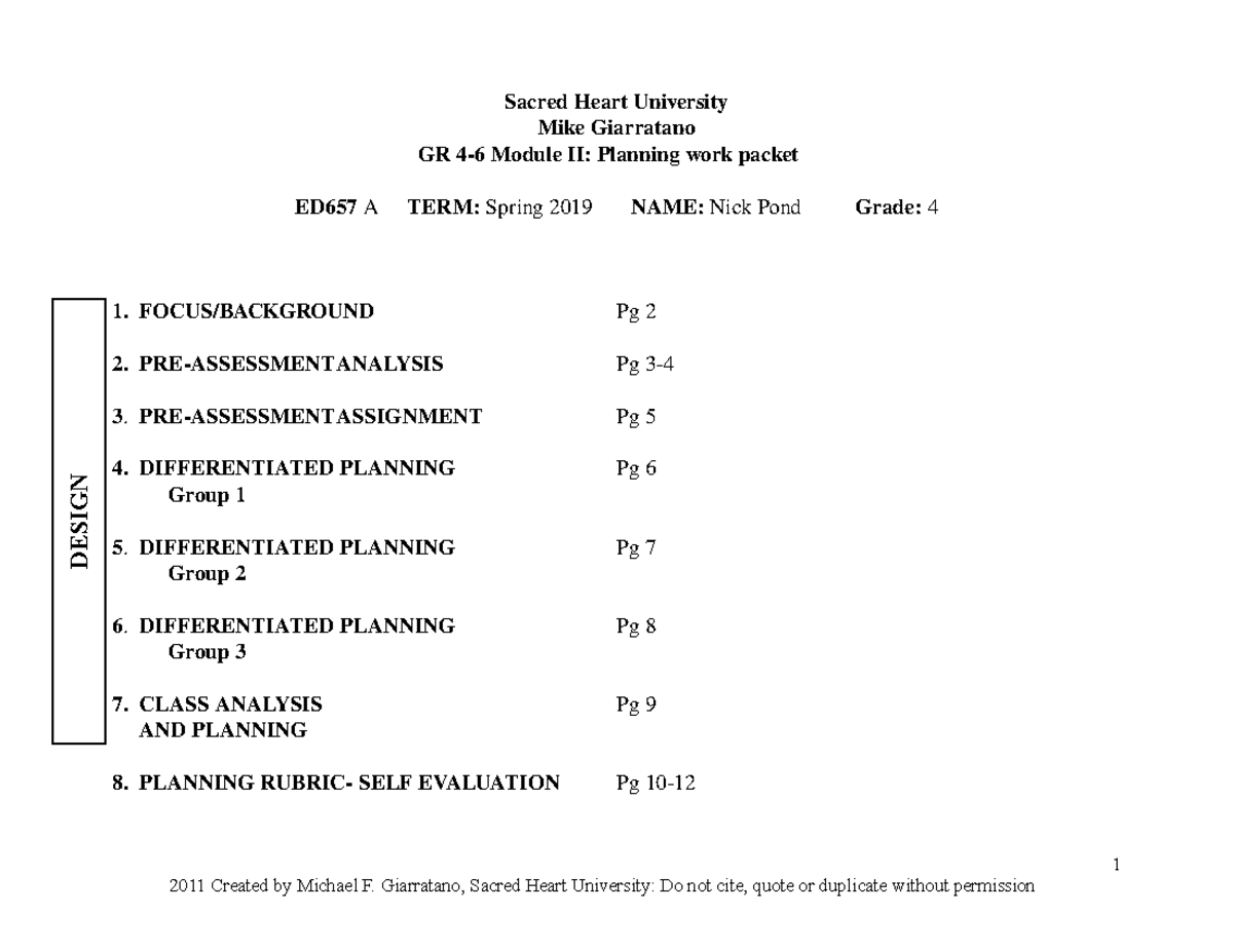 Grades 46 Module II Planning Work Packet Sacred Heart University