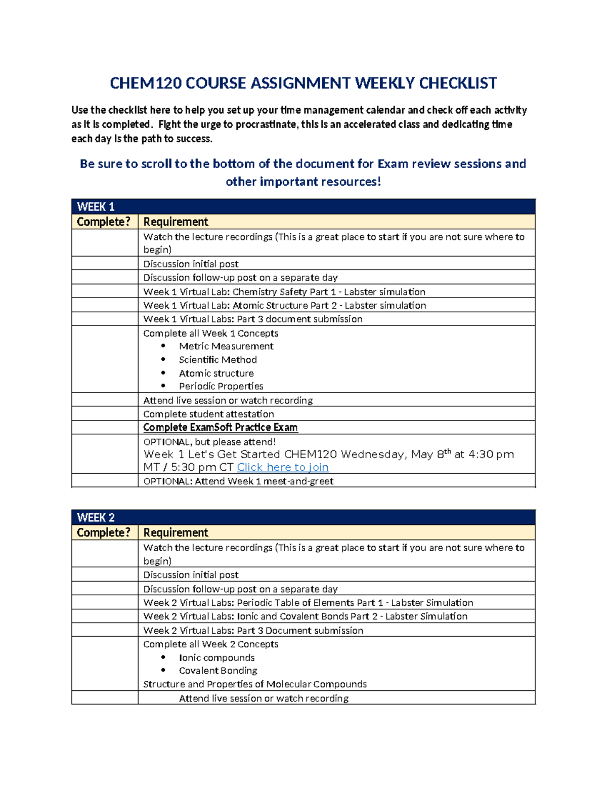 CHEM120 Weekly Checklist and Resources May2024-1 - CHEM120 COURSE ...
