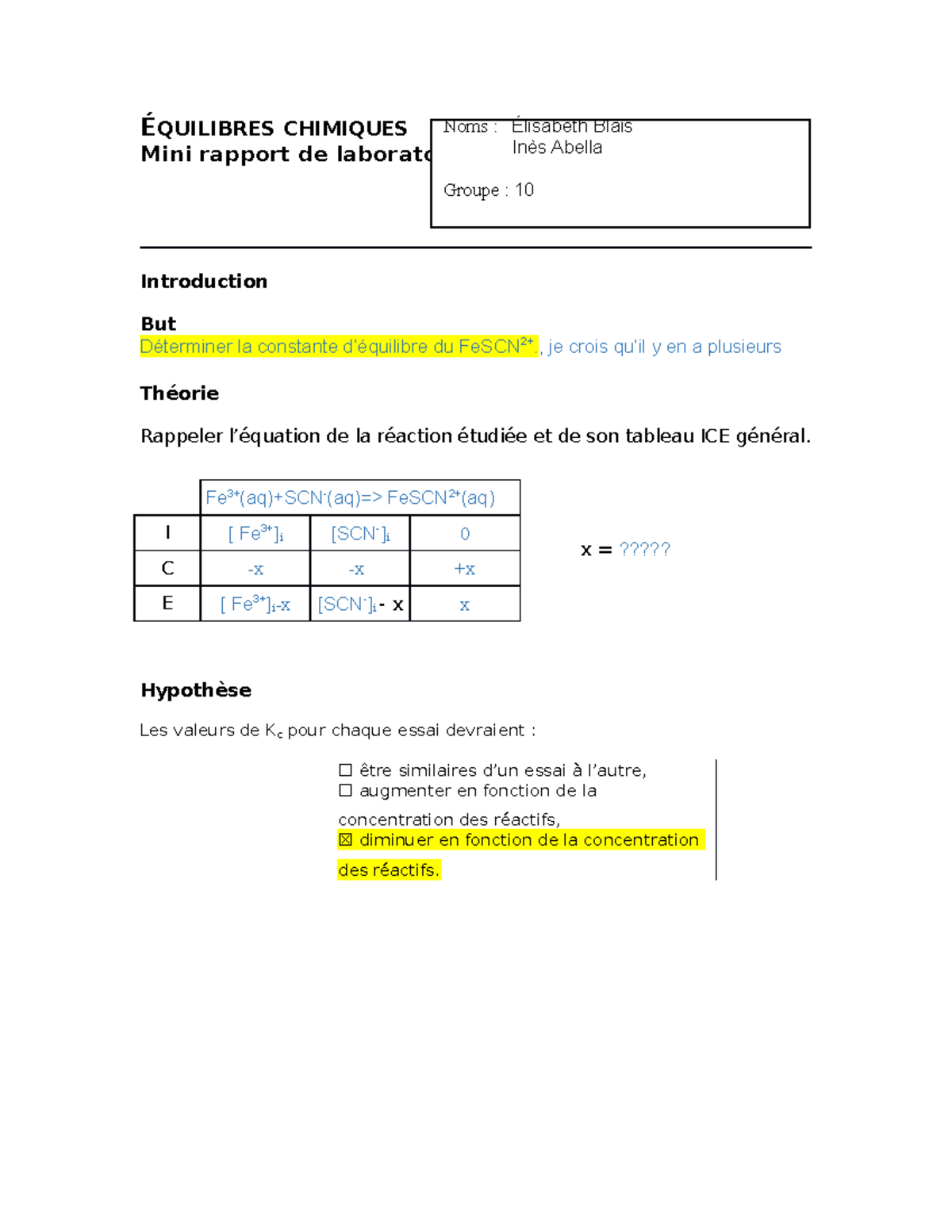 Rapport - Labo 3 - Équilibre Chimique - ÉQUILIBRES CHIMIQUES Mini ...