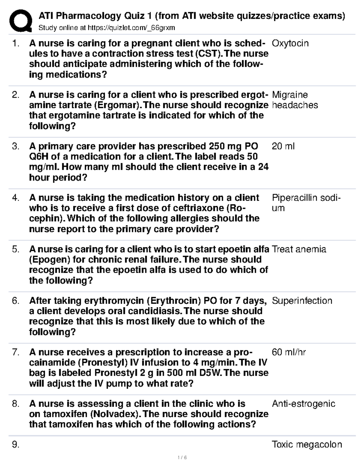 ATI Pharmacology Quiz 1 (from ATI Website Quizzes Practice Exams ...