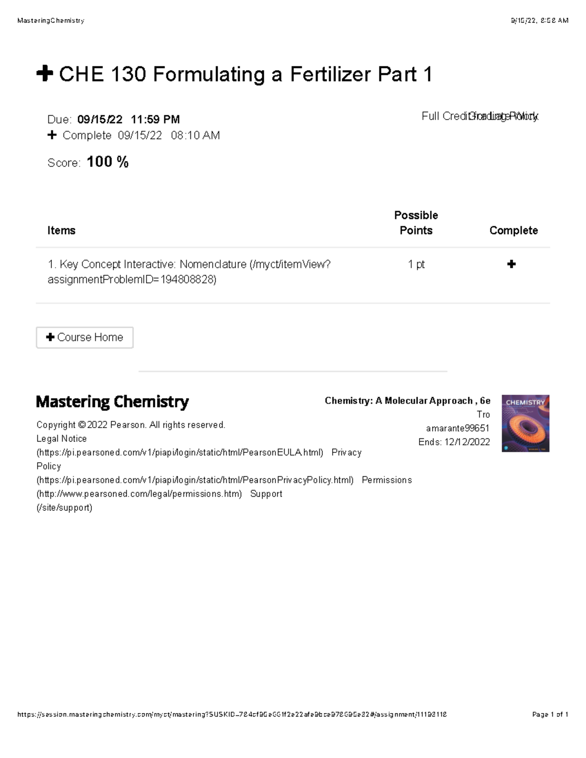 Mastering Chemistry - ................ - MasteringChemistry 9/15/22, 8 ...