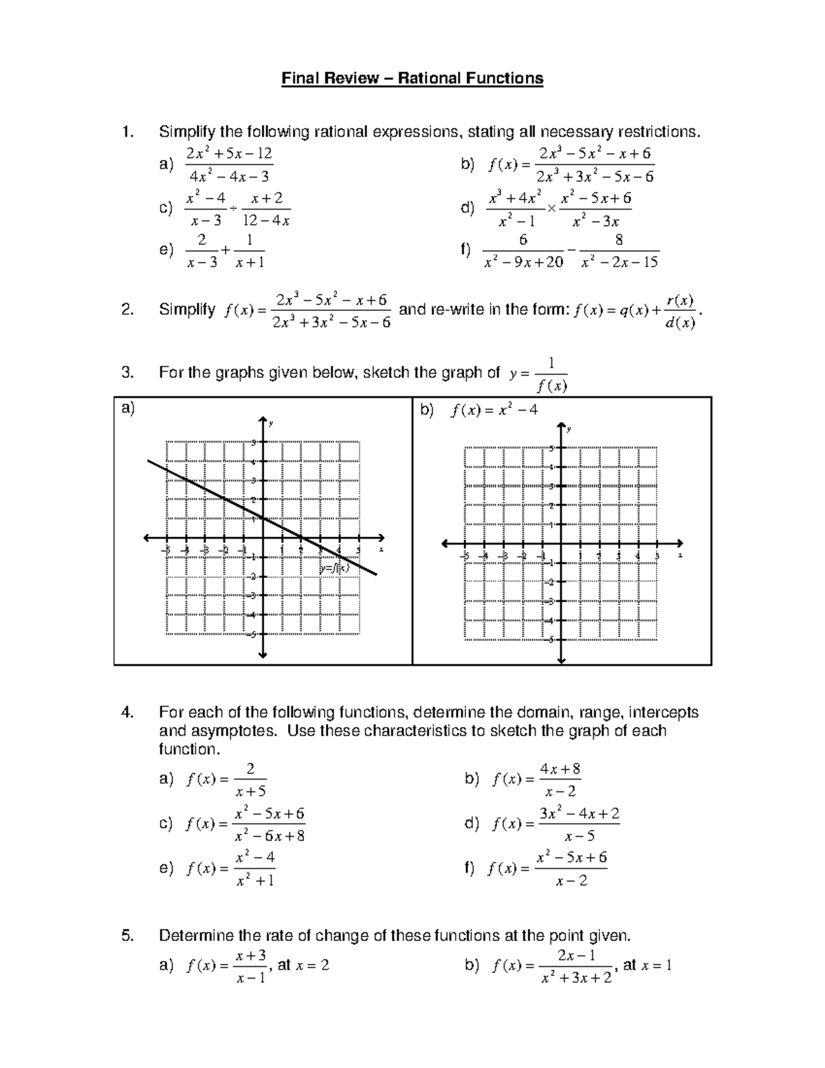 Rational Funtions Review F - Final Review – Rational Functions Simplify ...