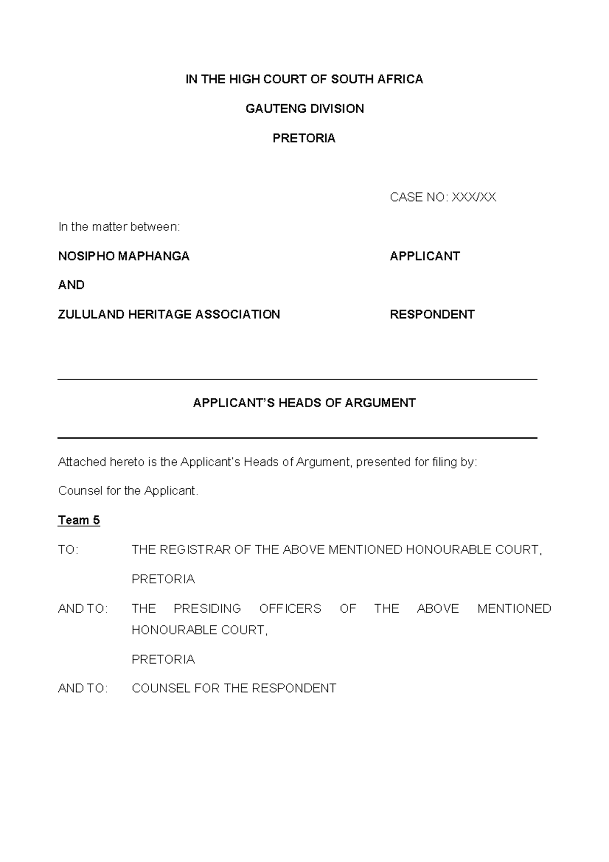 Example - Team 5 Applicant s HOA - IN THE HIGH COURT OF SOUTH AFRICA ...