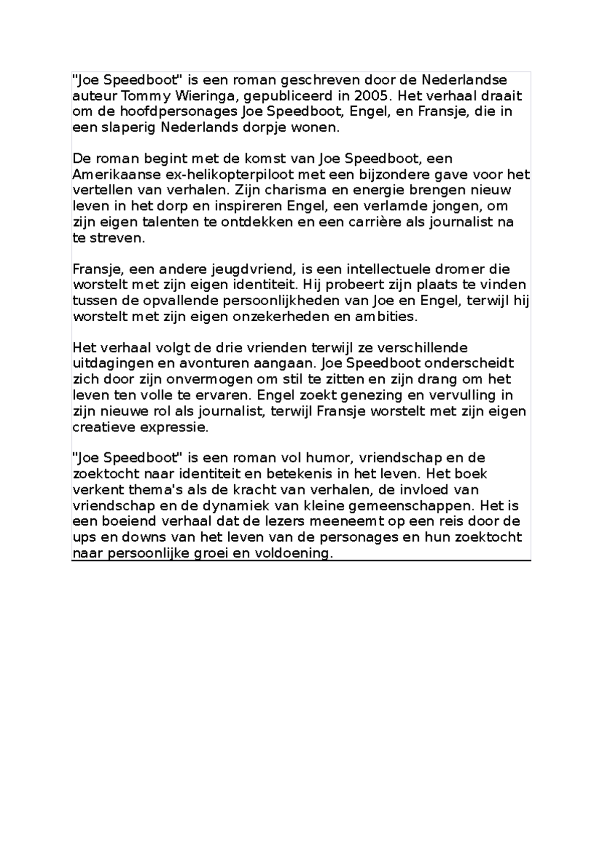 3 - samenvatting van het boek joe speedboot - 