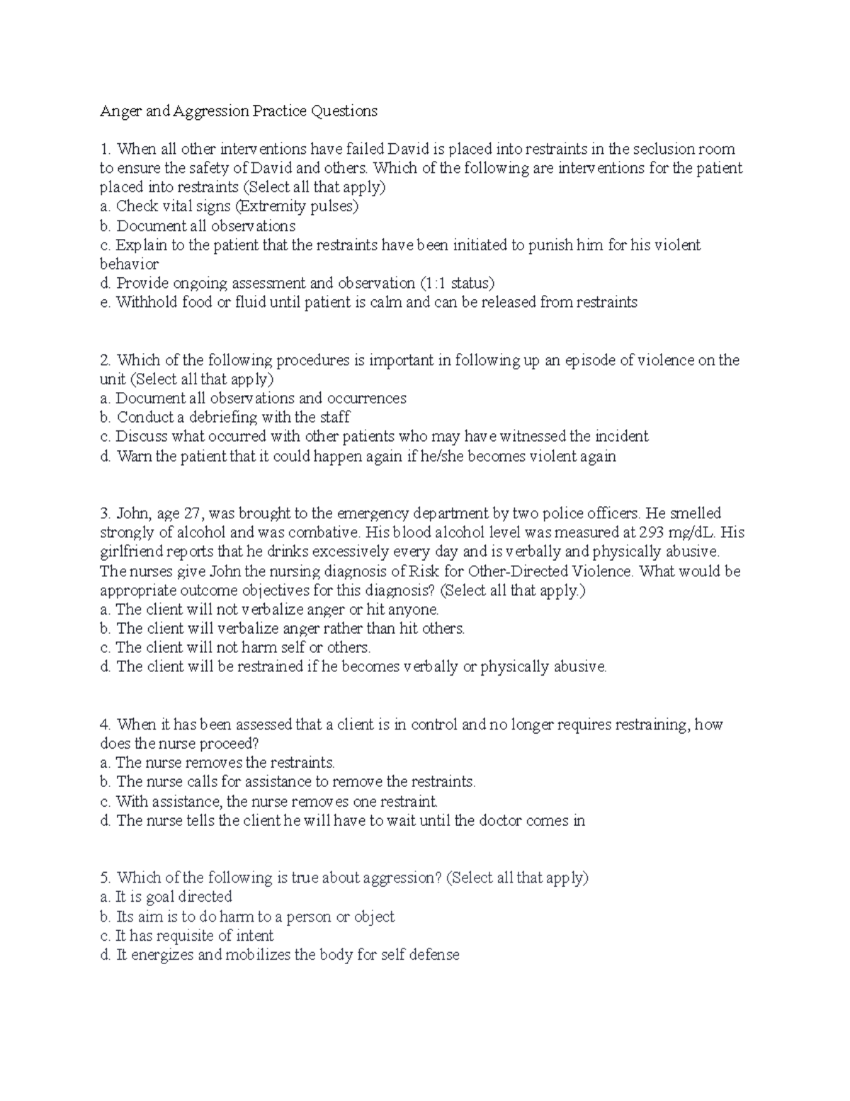 Anger and Aggression Practice Questions - Which of the following are ...