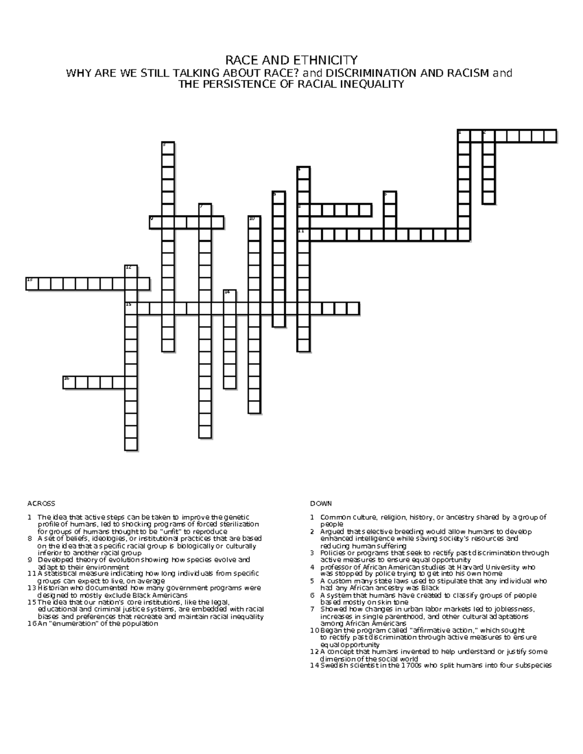 Race Study Guide Key terms 1 crossword - SOCI 101 - UBC - Studocu