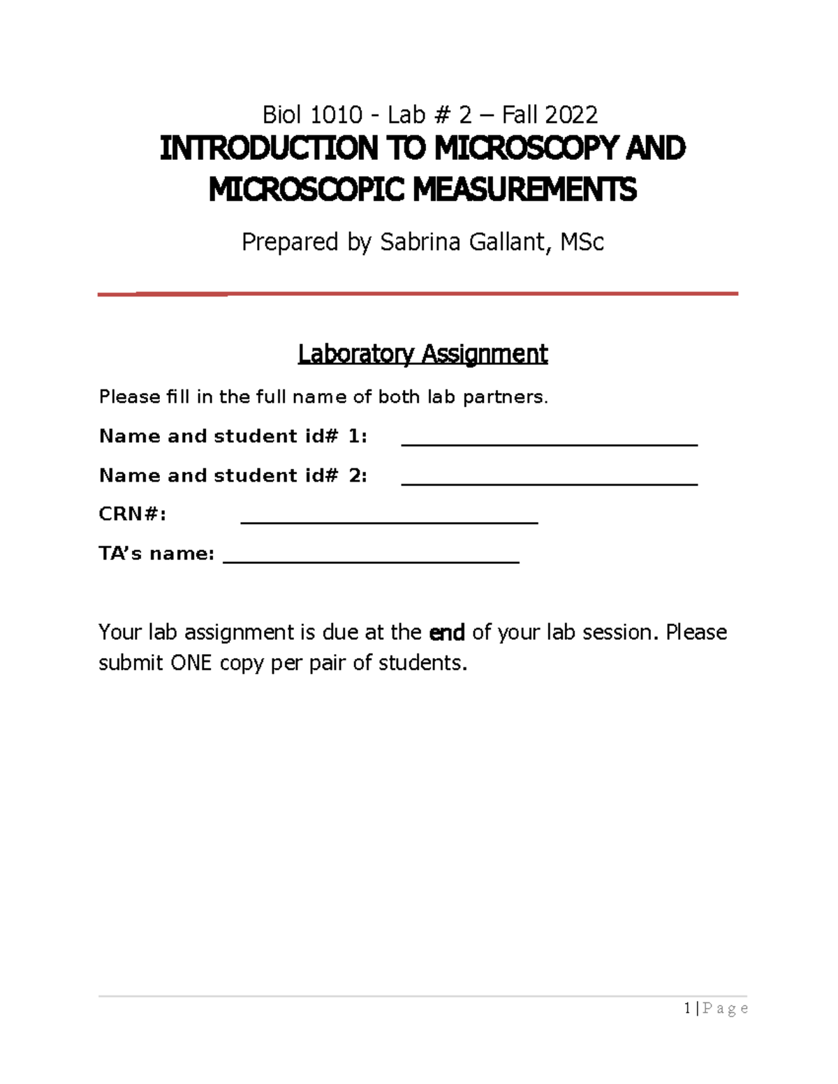 Lab 2 - Intro to Microscopy - Lab Assignment -F2022 - Biol 1010 - Lab ...