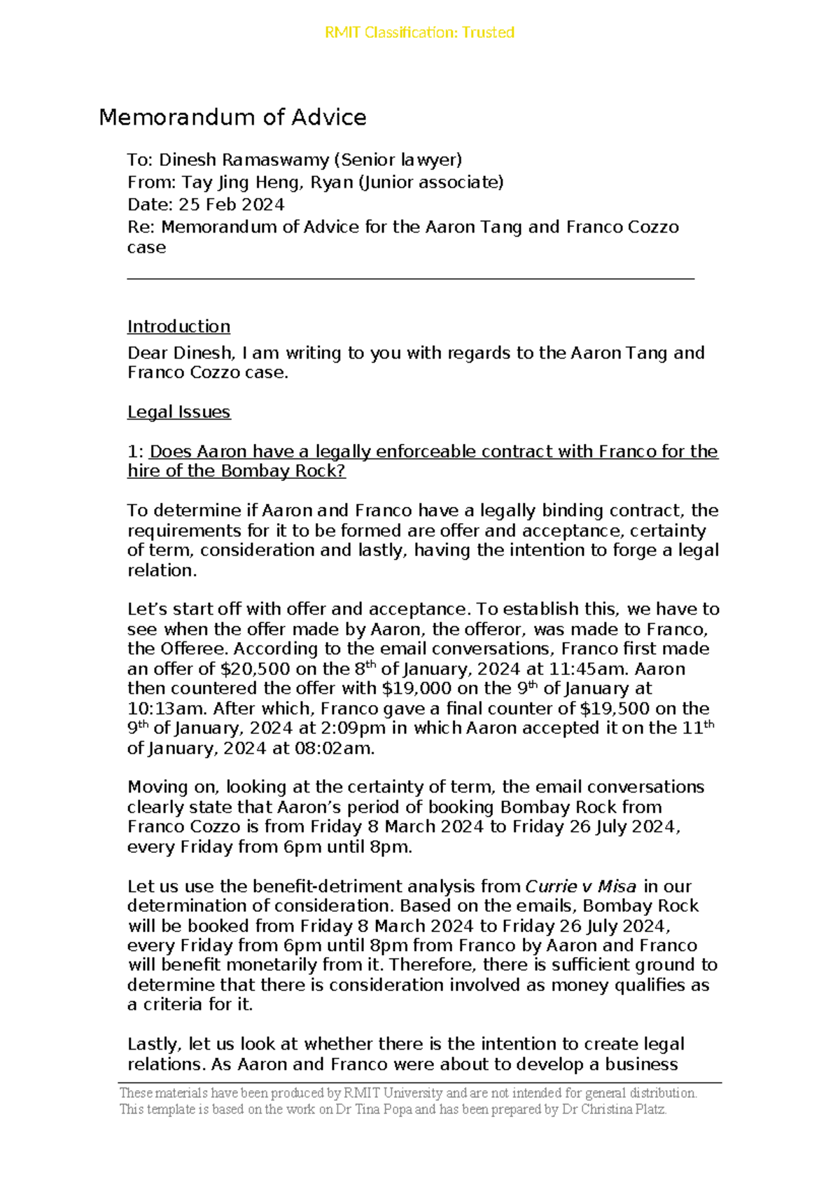 A2 Tay Jing Heng, Ryan LF02 - RMIT Classification: Trusted Memorandum ...