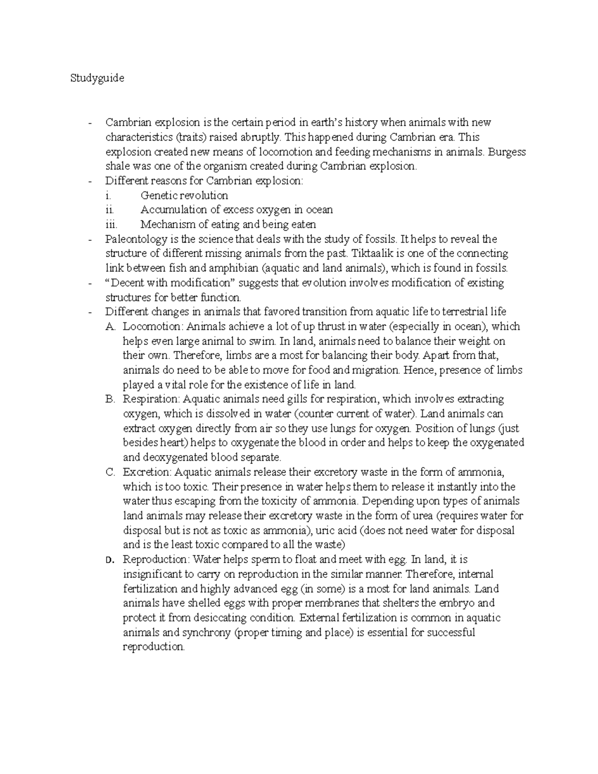 Studyguide 4 Studyguide Cambrian Explosion Is The Certain Period In