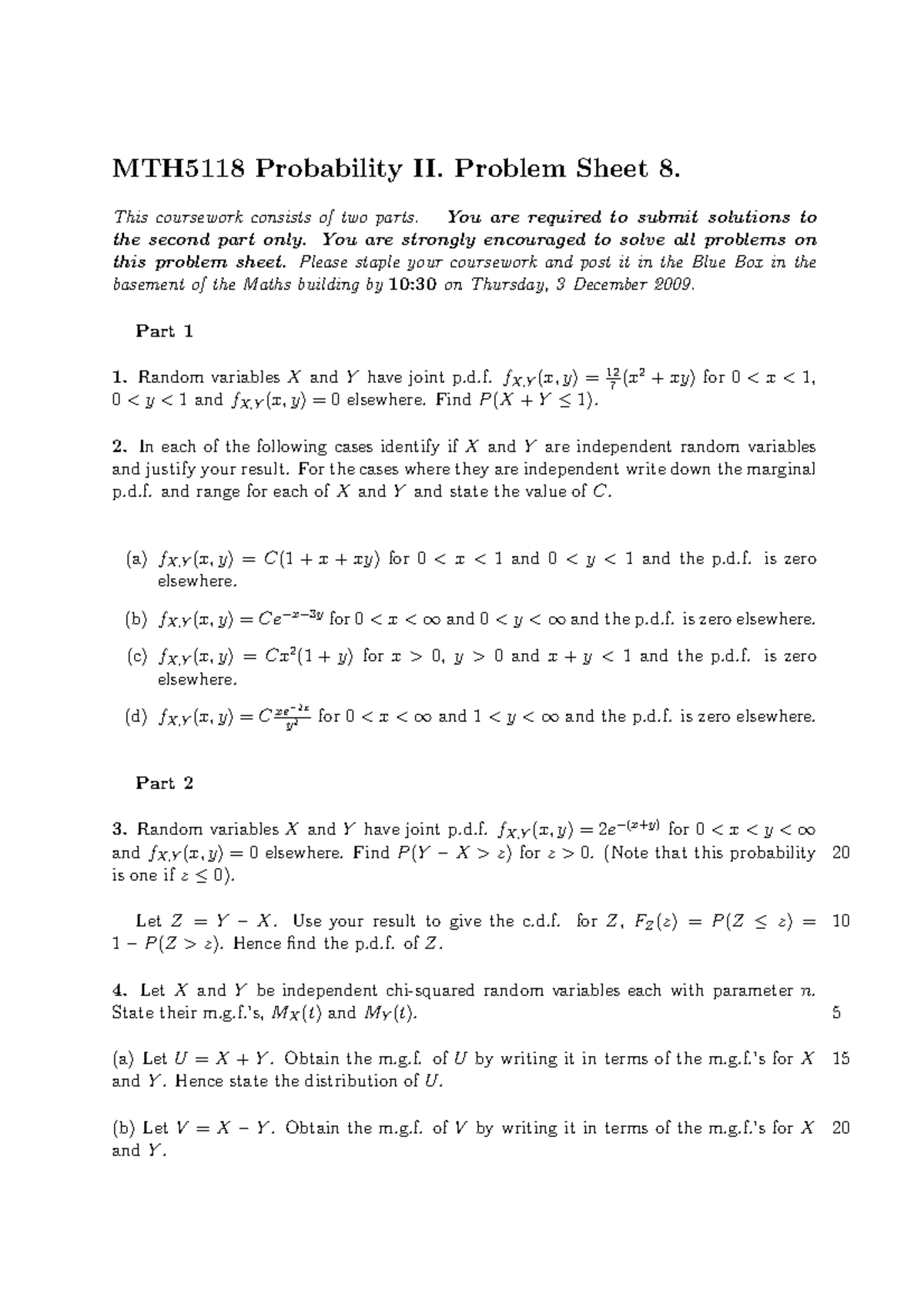 Cw8 Solutions Available Mth5118 Probability Ii Problem Sheet This Coursework Studocu