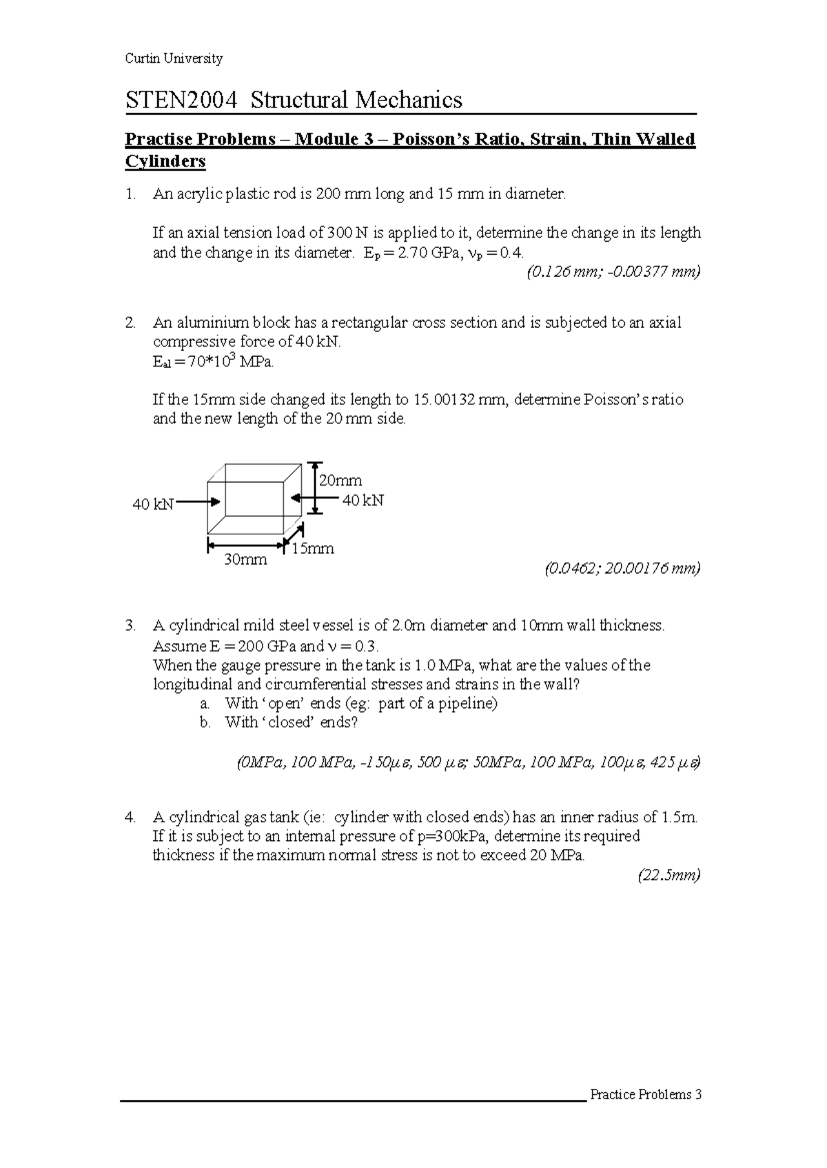 Questions/Answers - Curtin University STEN2004 Structural Mechanics ...