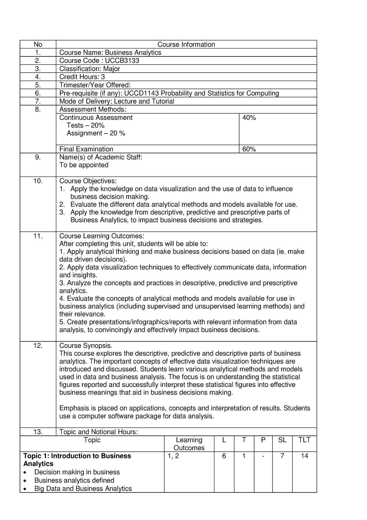 Module descriptor - Business Analytics - No Course Information 1 ...