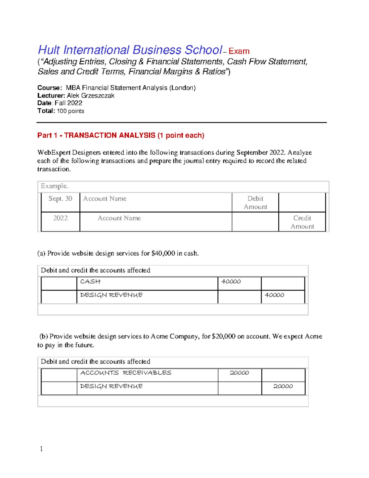 Finance Exam 2022 Hult International Business School Exam