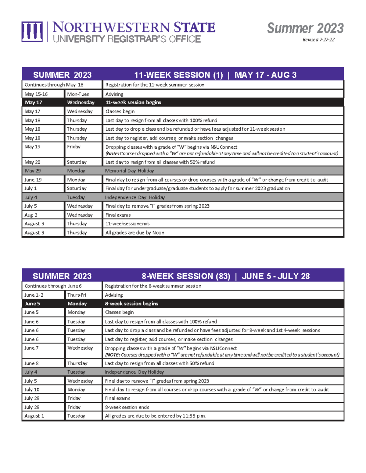 Academic-Calendar-SU-2023 Revised 072722 2 - Summer 2023 Revised 7-27