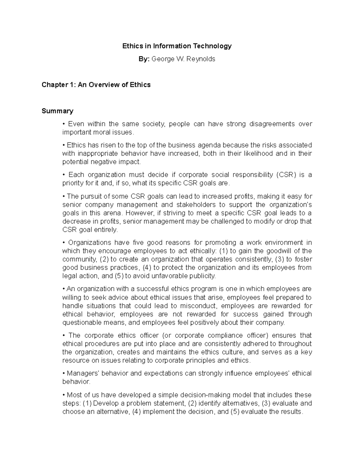 Summary and Key Terms Chapter 1 An Overview of Ethics - Ethics in ...