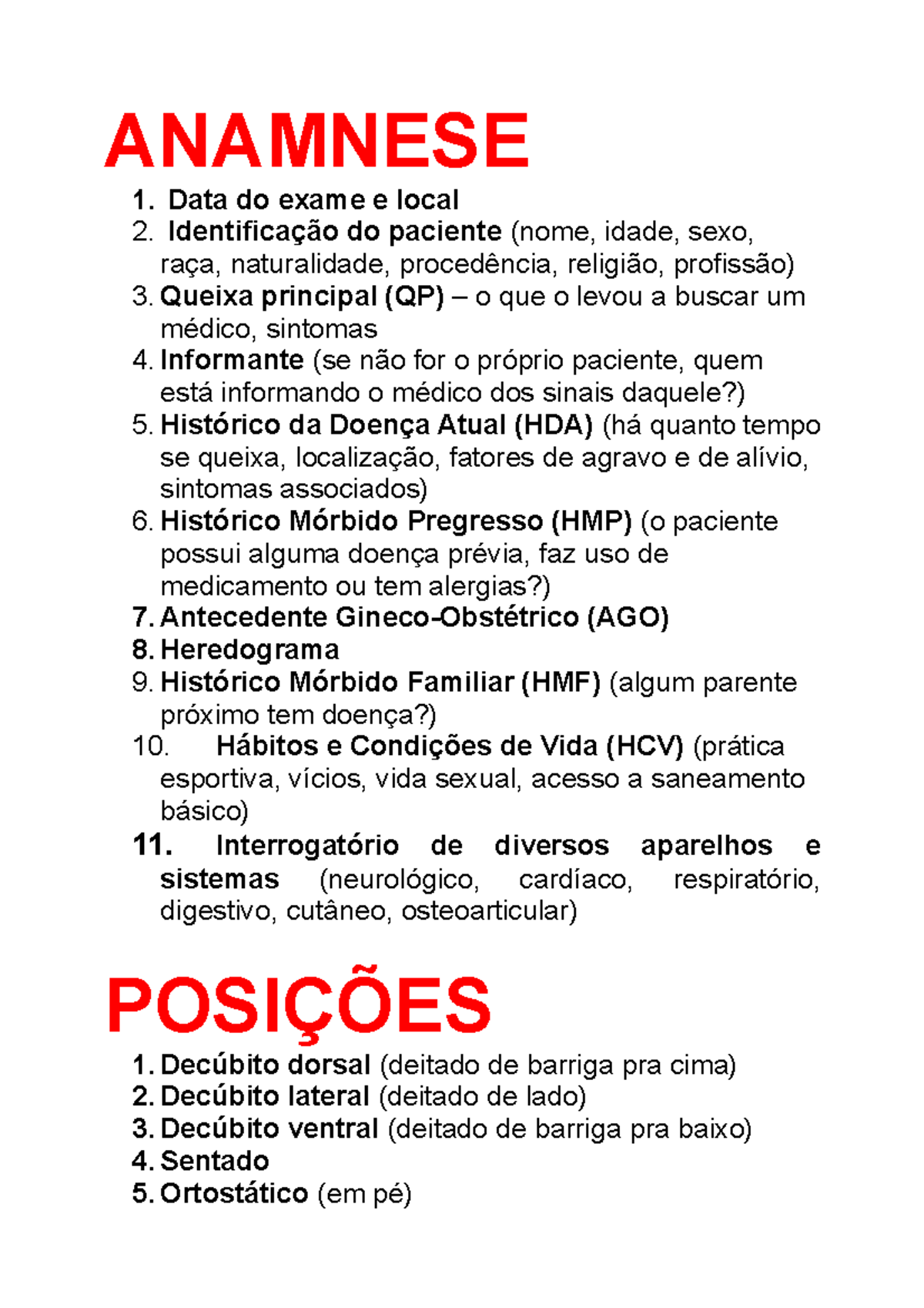 Resumo De Semiologia Médica Básica Anamnese 1 Data Do Exame E Local 2 Do Paciente Nome 4910