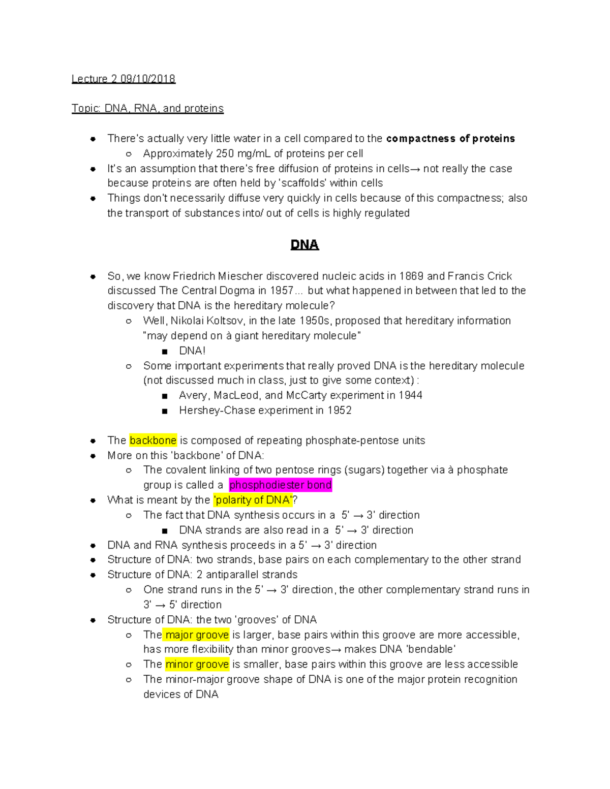 BIO 200 lecture #3 - osd - Lecture 2 09/10/ Topic: DNA, RNA, and ...
