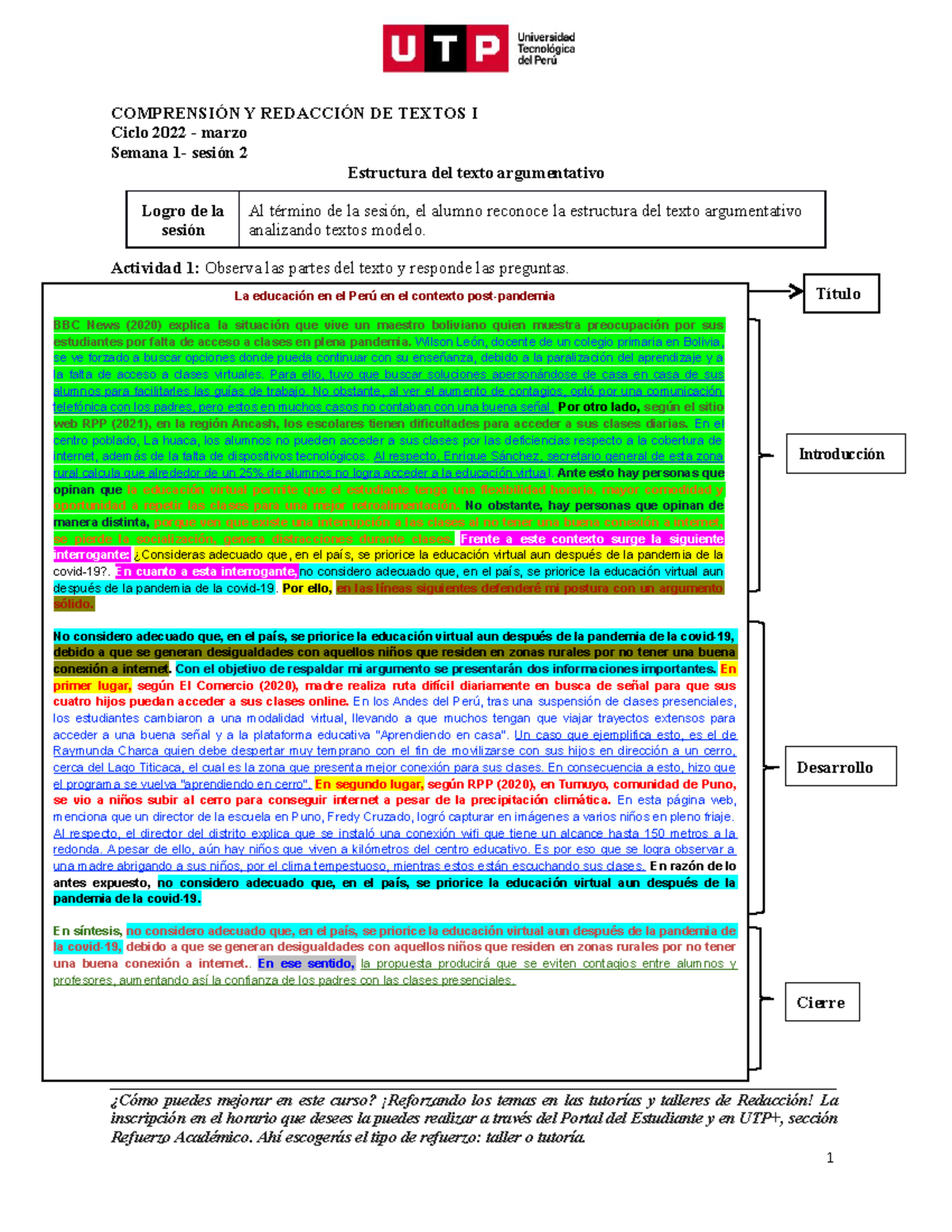 S01 S2 S Material Estructura Del Texto Argumentativo 2022 Marzo Corregido ComprensiÓn Y 8629