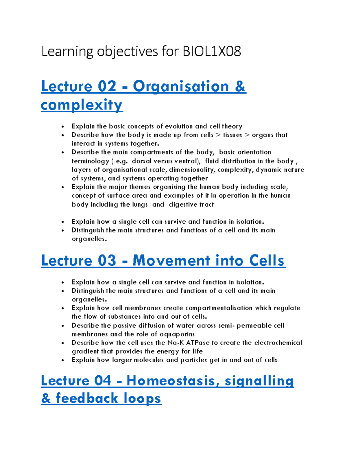 Learning objectives for BIOL1X08 2024 - Learning objectives for BIOL1X ...