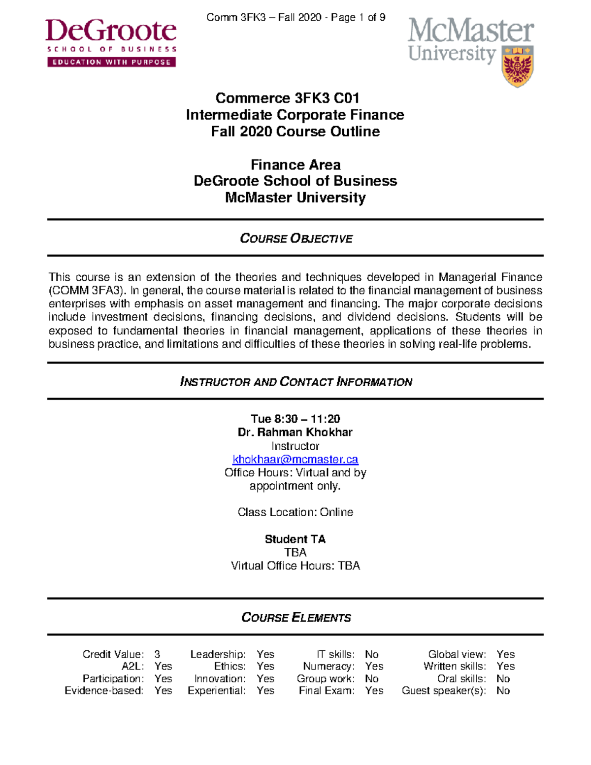 Commerce 3FK3 Course Outline Fall 2020 - Commerce 3FK3 C Intermediate ...