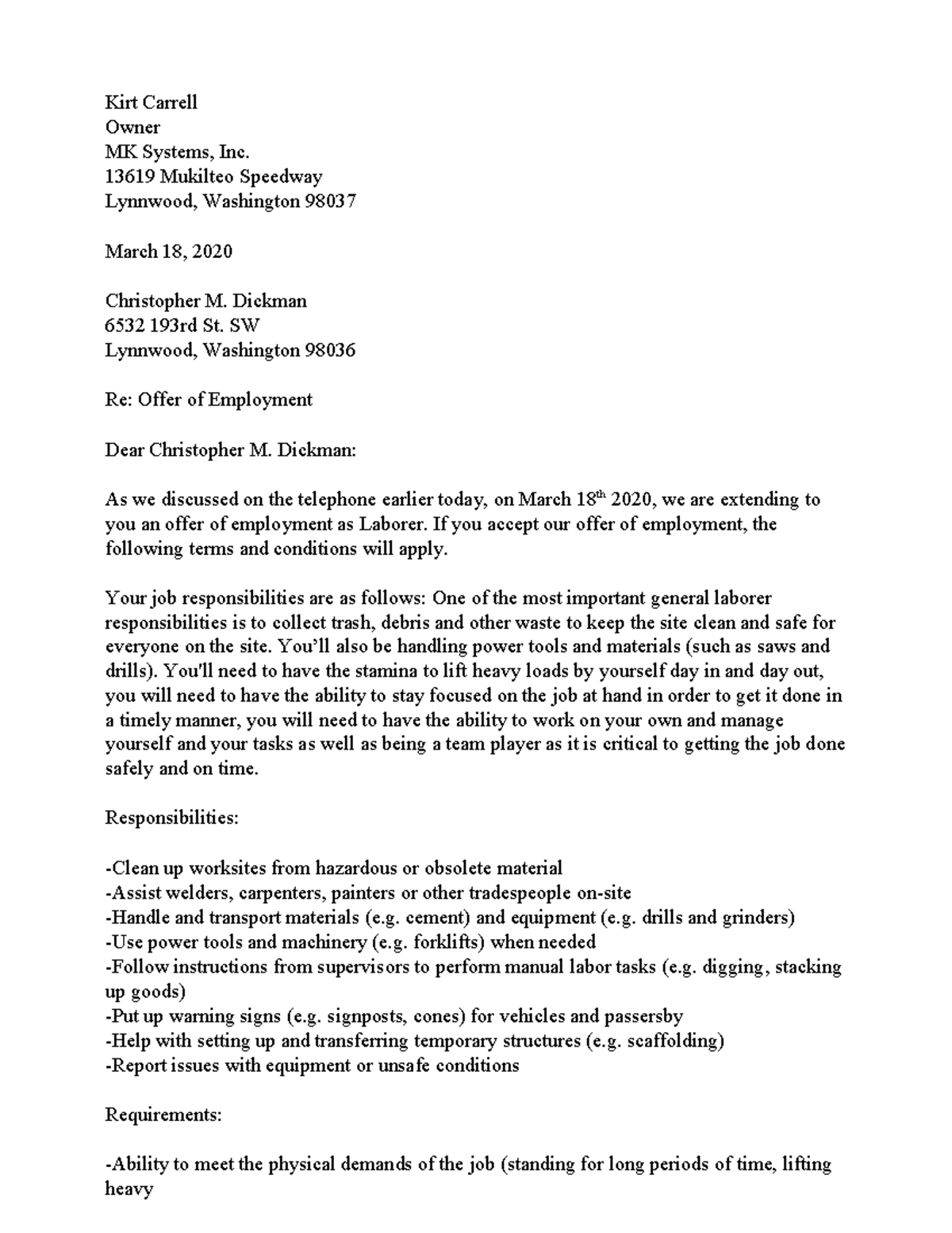 Employment Offer Letter New(2) - Kirt Carrell Owner Mk Systems, Inc 