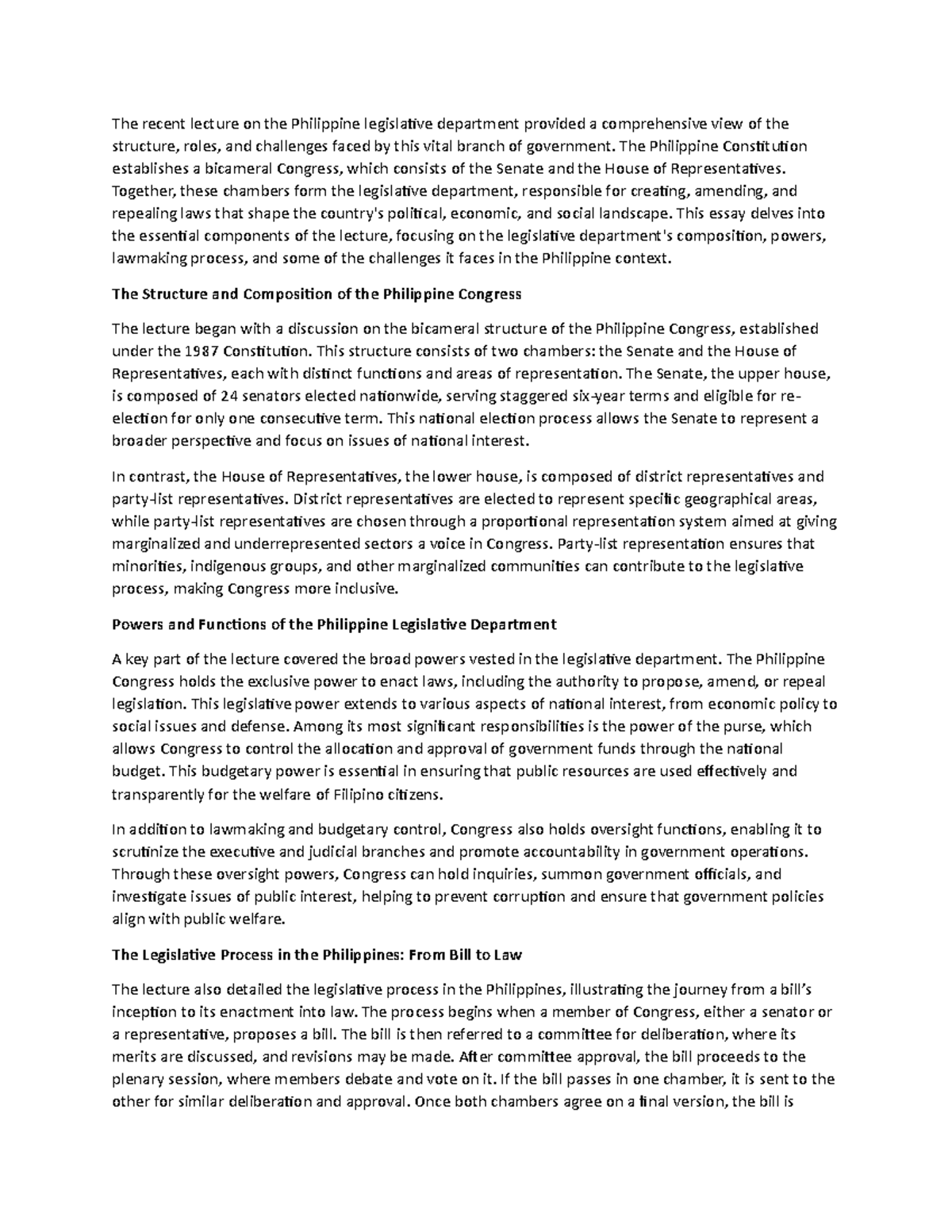 Legislative essay - The recent lecture on the Philippine legislative ...
