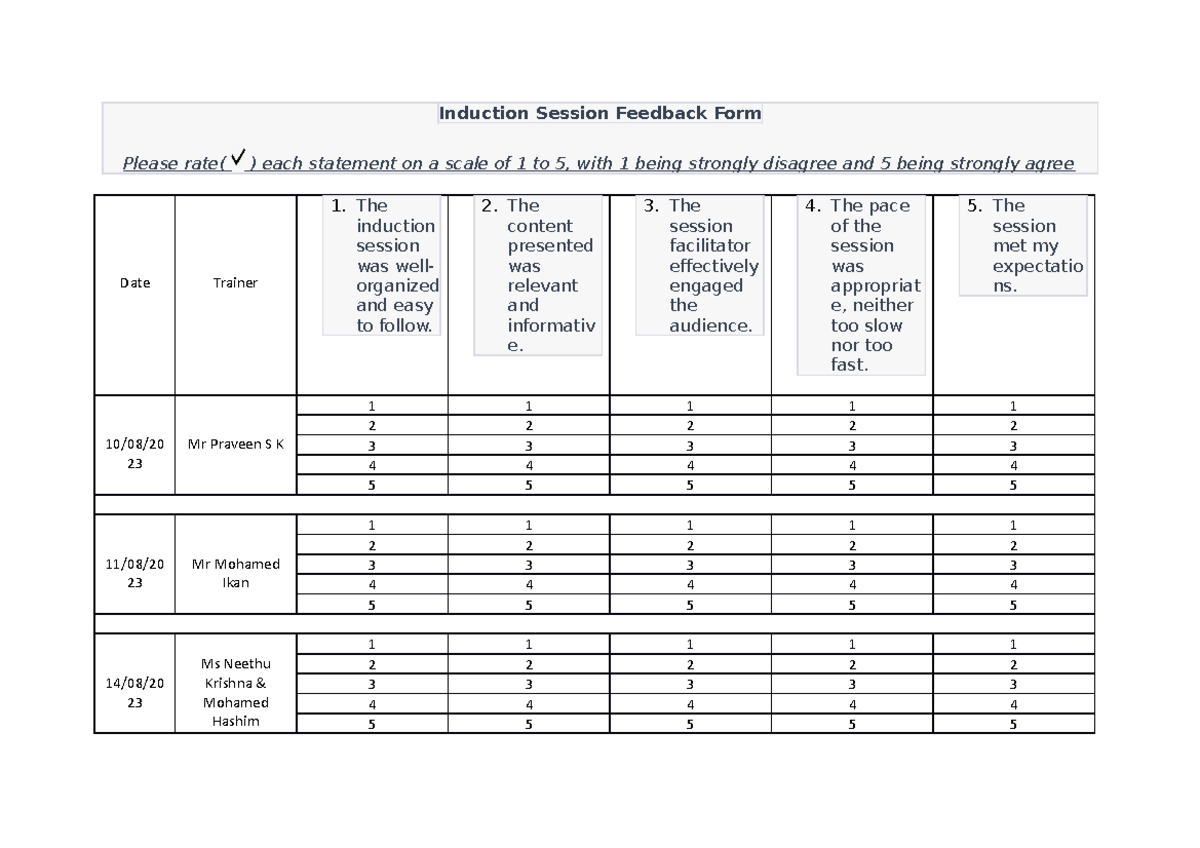 Induction Session Feedback Form - Induction Session Feedback Form ...
