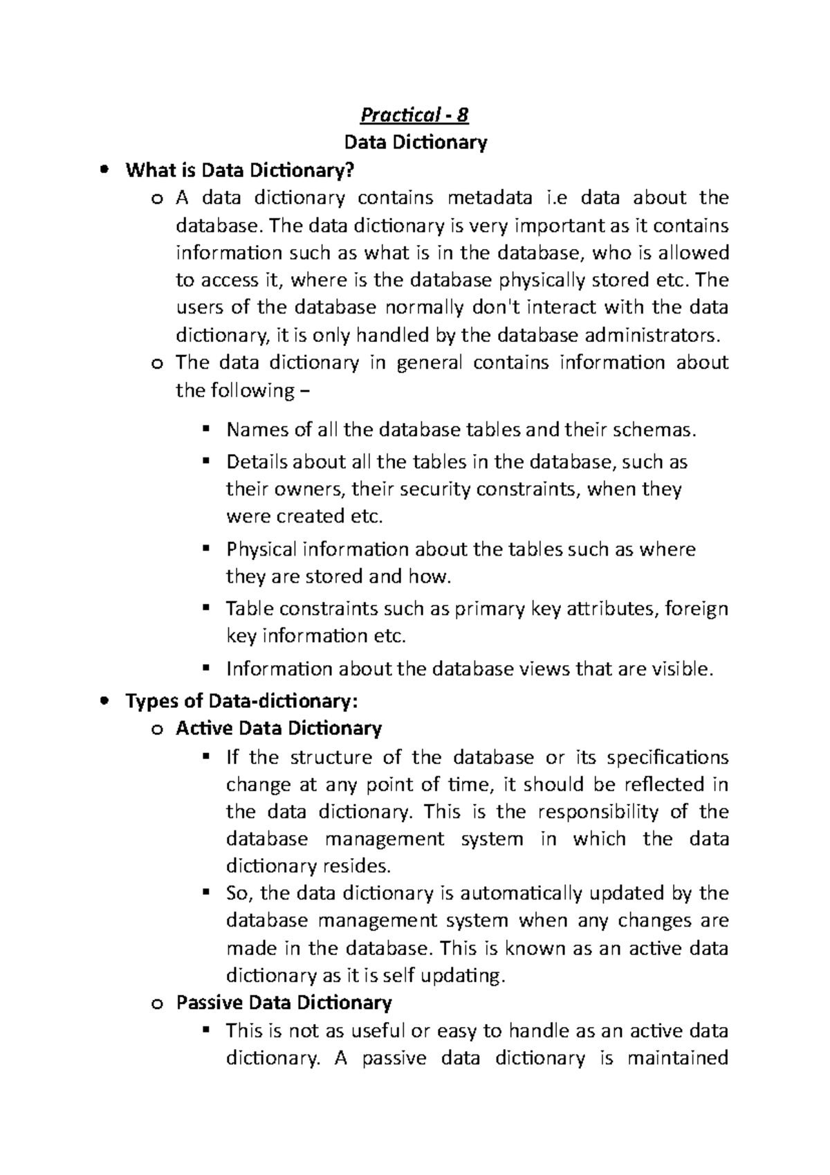 Practical-8 - srs - Practical - 8 Data Dictionary What is Data ...