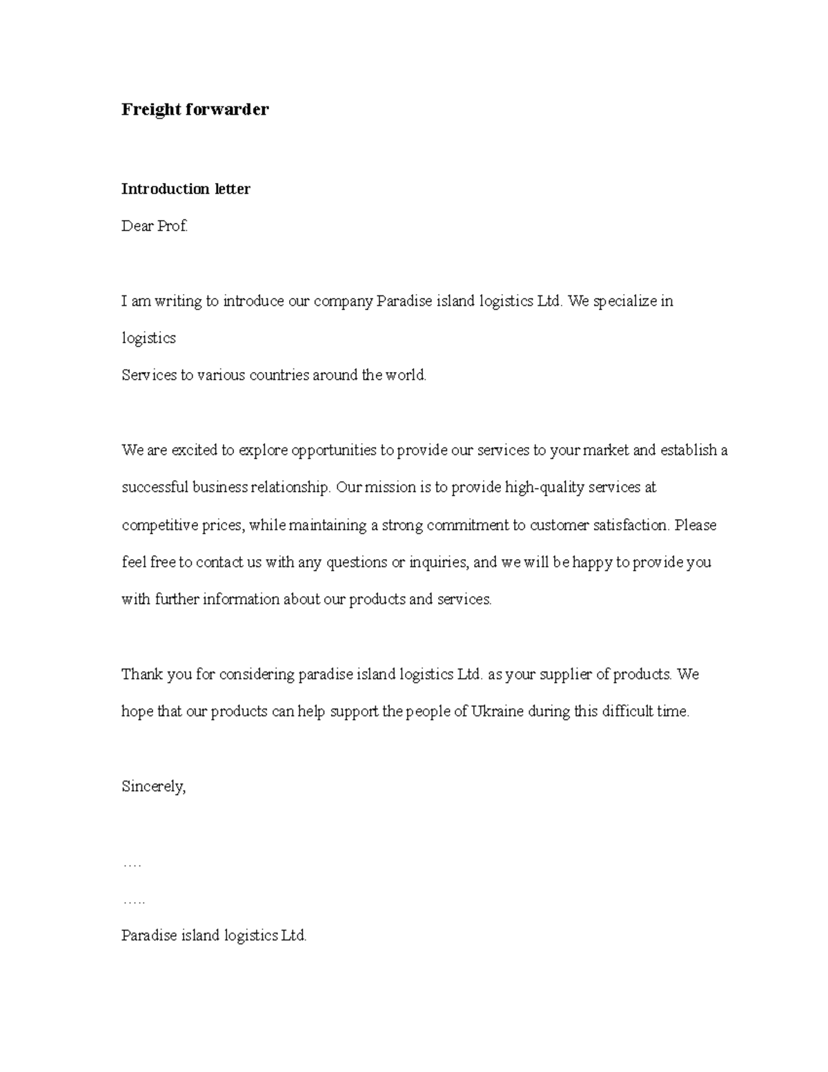 Freight forwarder - assignments - Freight forwarder Introduction letter ...