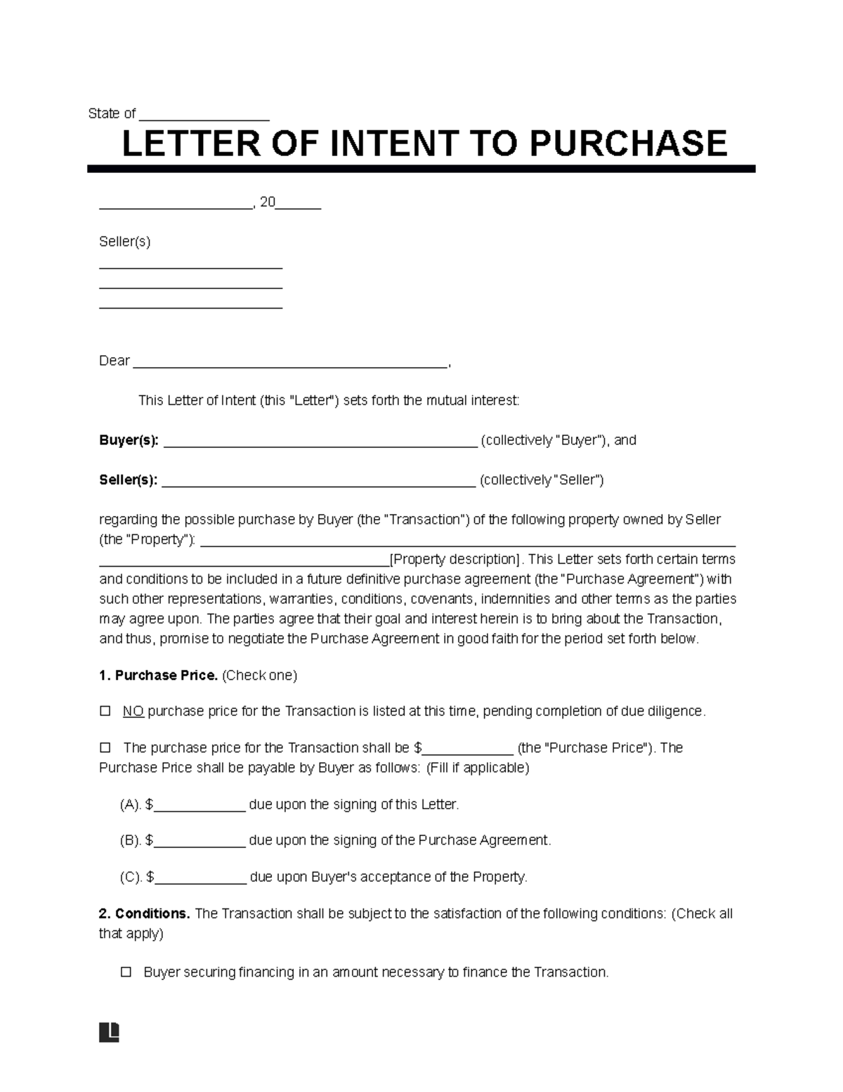 Letter of intent purchase general property - State of ...