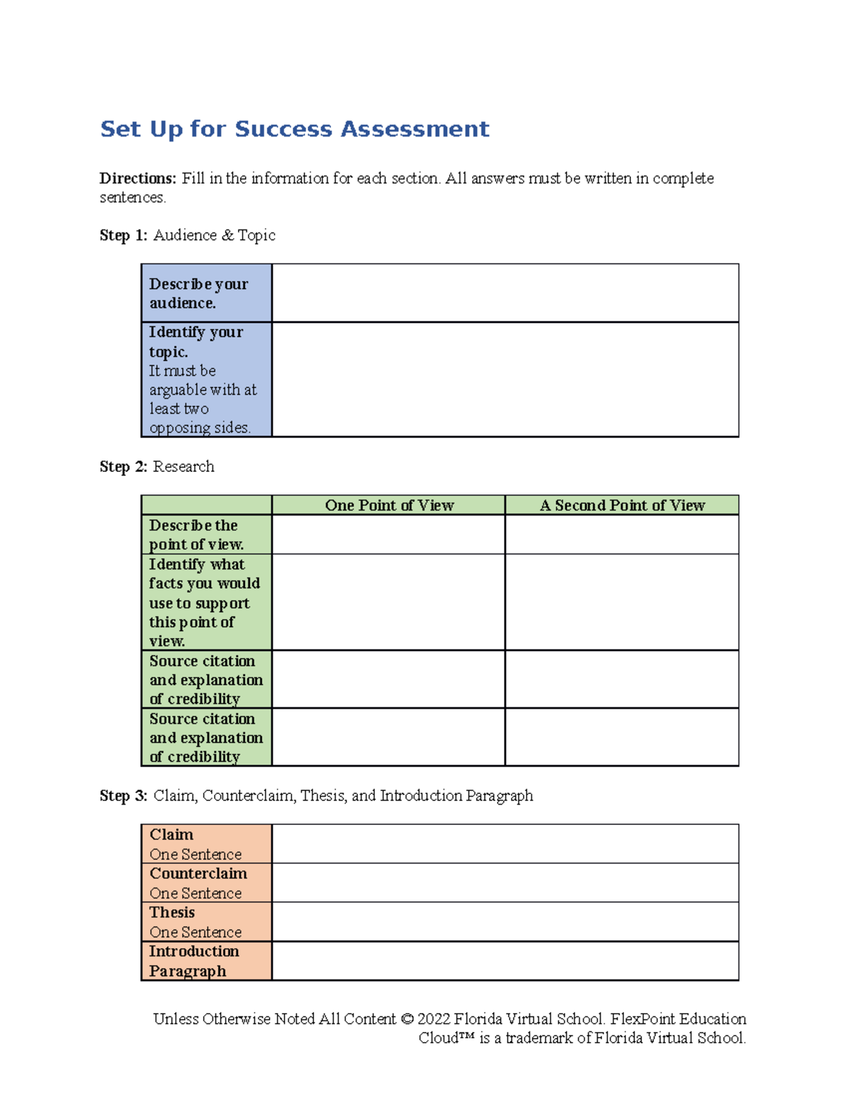 Set up for success assess rubric set up for success assessment