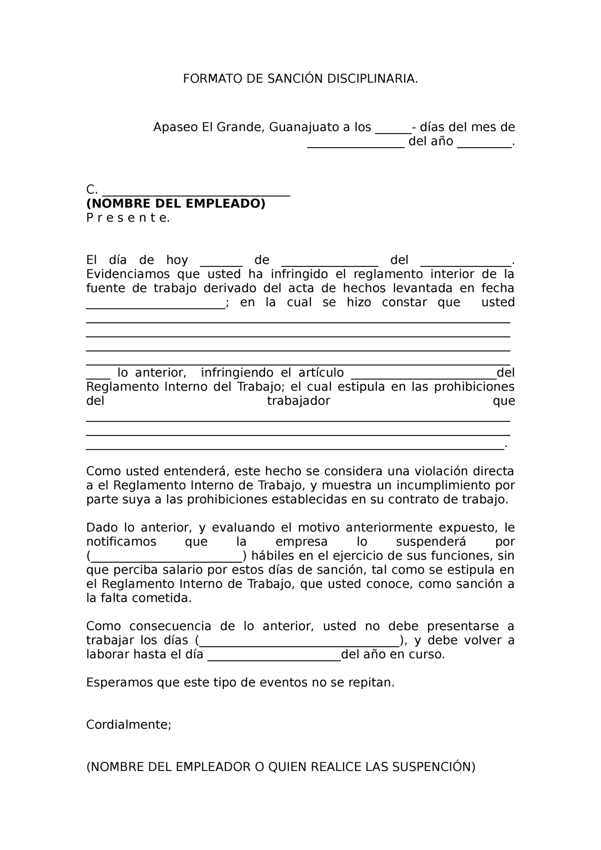 Carta De Sanción Disciplinaria A Trabajador Formato De SanciÓn