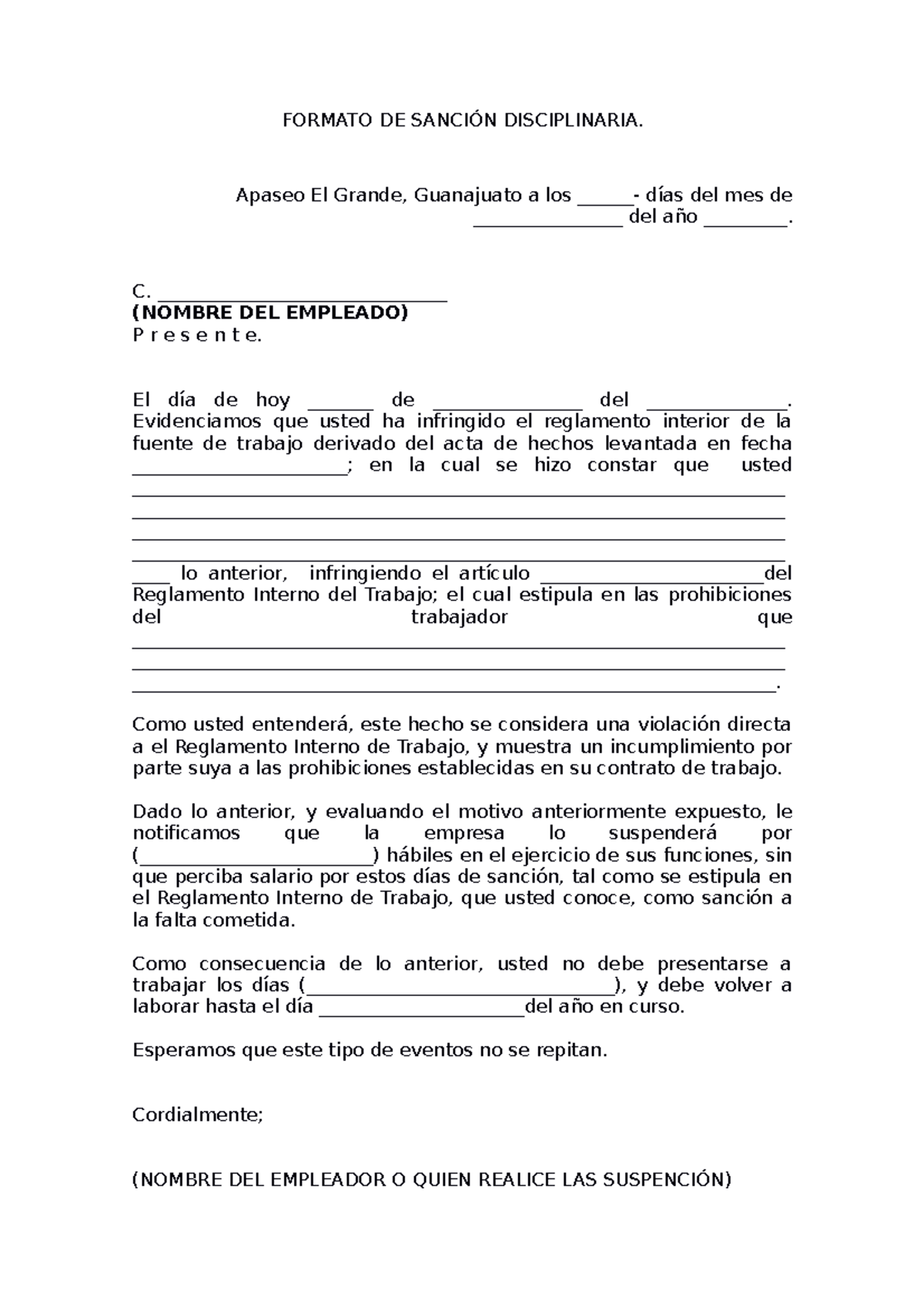 Carta De Sanción Disciplinaria A Trabajador Formato De SanciÓn