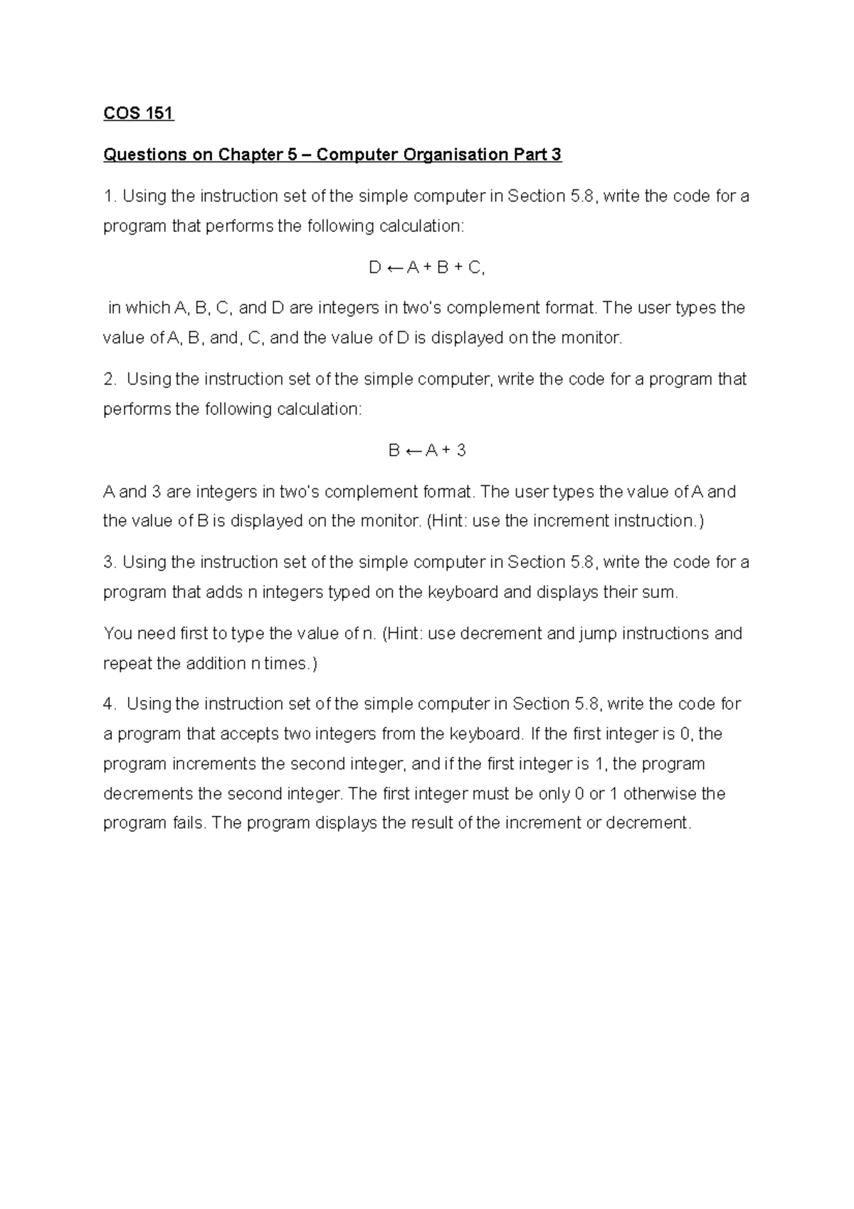 Chapter 5 - Computer Organisation (Part 3) - COS 151 Questions on ...