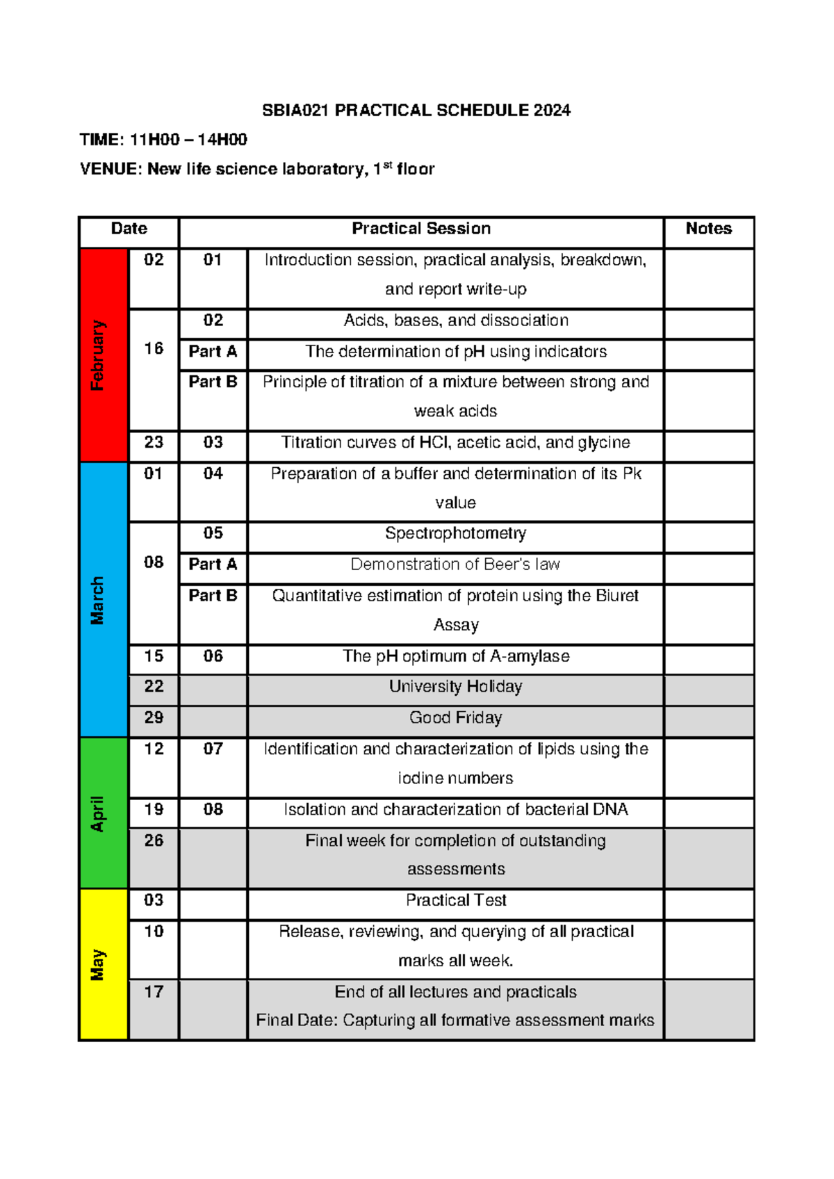 SBIA021 Practical Schedule 2024 - SBIA021 PRACTICAL SCHEDULE 2024 TIME ...