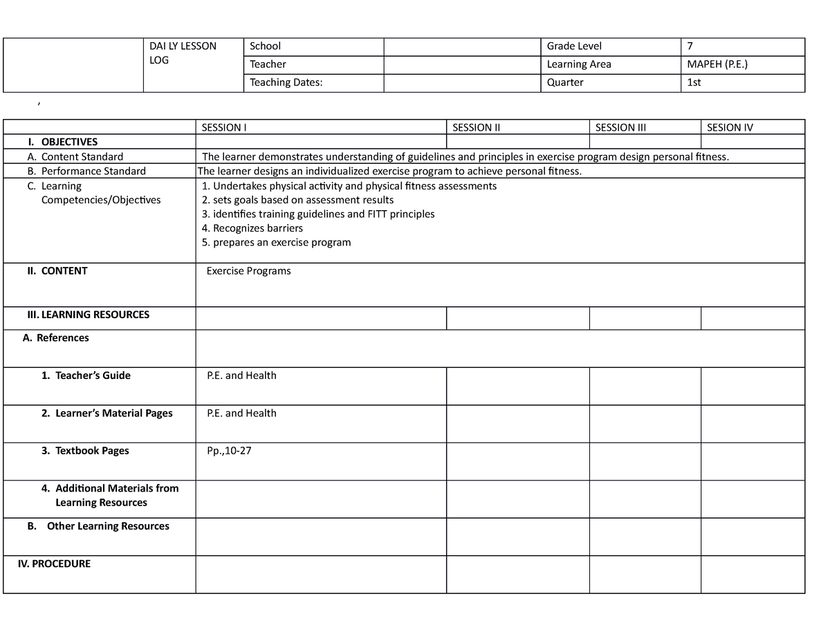Music p - GUIDE - DAI LY LESSON LOG School Grade Level 7 Teacher ...