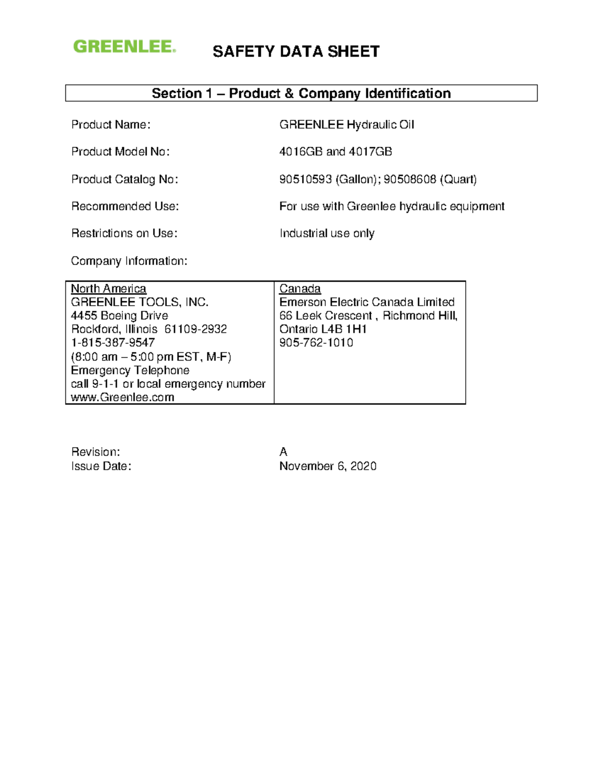 Greenlee Hydraulic Oil SDS SAFETY DATA SHEET Section 1 Product