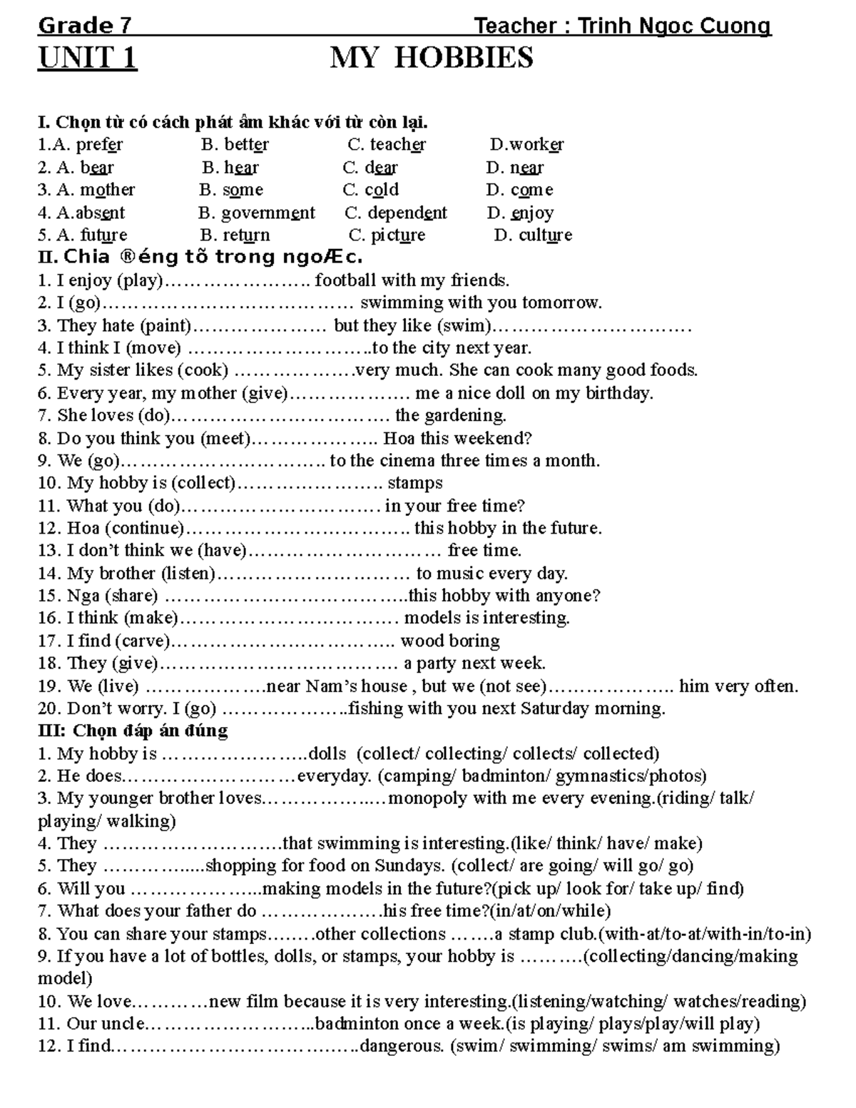 exercises-unit-1-my-hobbies-grade-7-teacher-trinh-ngoc-cuong-unit-1